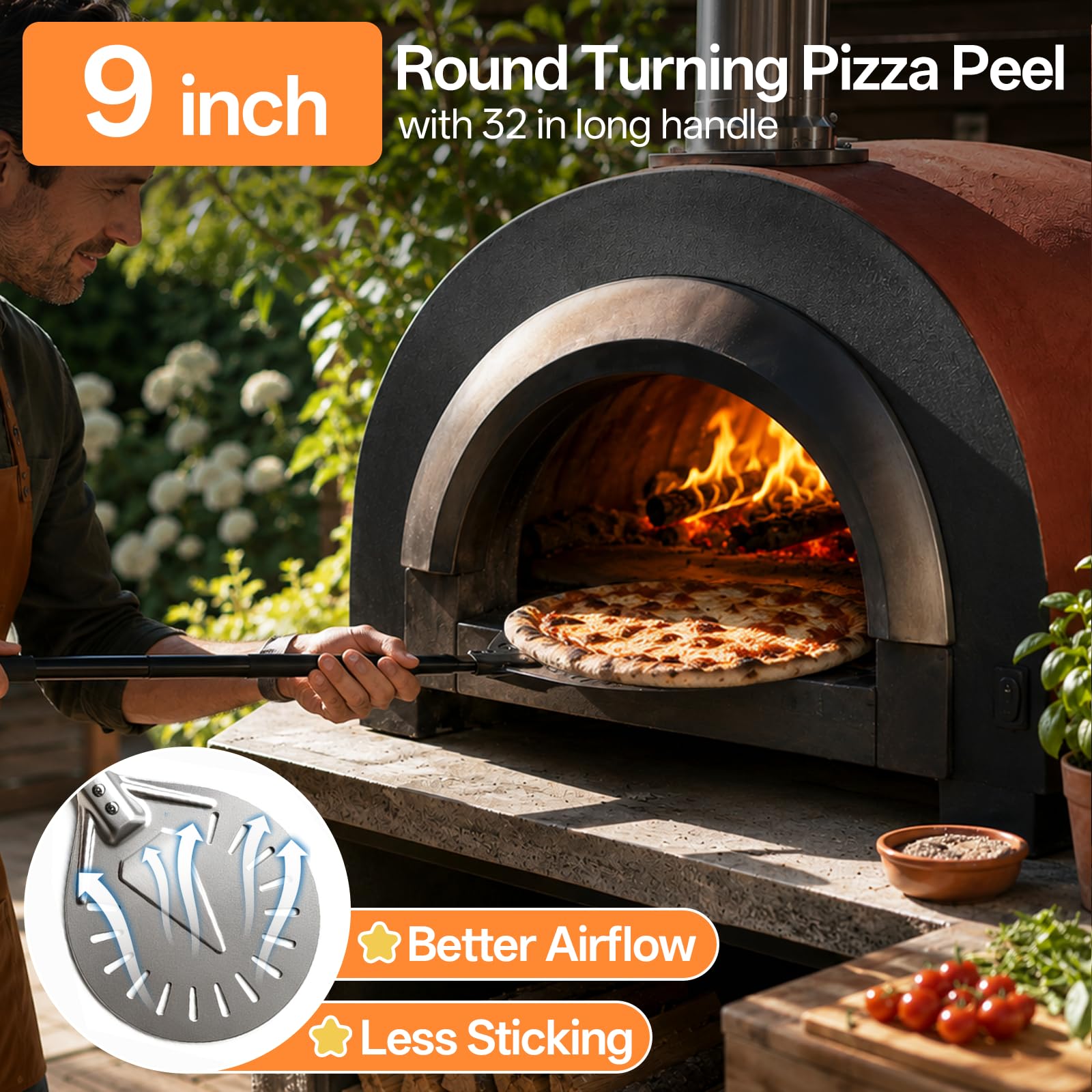 6tlg Pizza Schieber Set, Pizzaofen Zubehör mit 12 Zoll Pizzaschieber perforiert & 9 Zoll Pizzawender rund, Pizzaschaufel, Pizzaofen Bürste, Pizzaschneider & Teigschaber