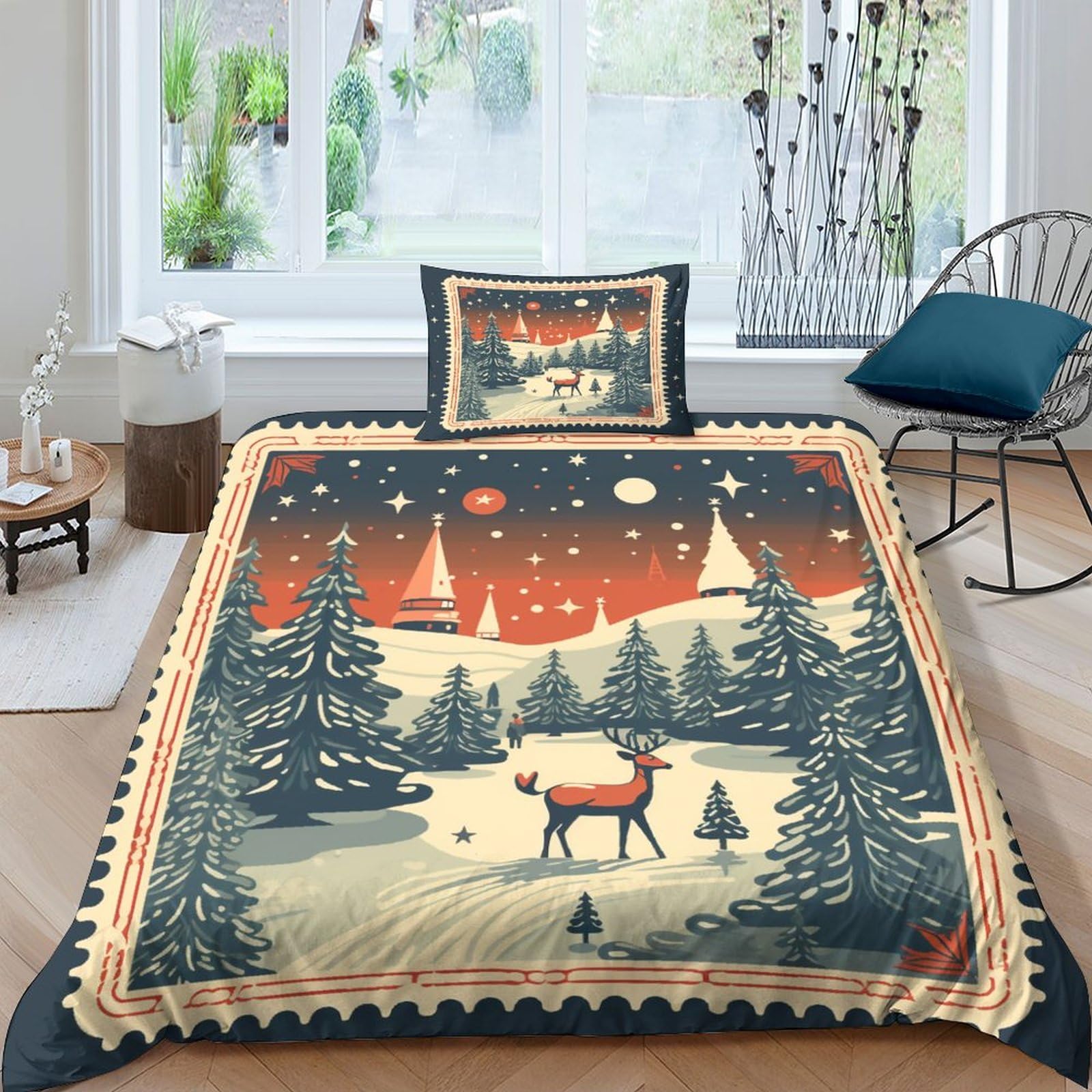 Parure de lit Noël 135x200 avec housse de couette microfibre et taies d'oreiller 3D