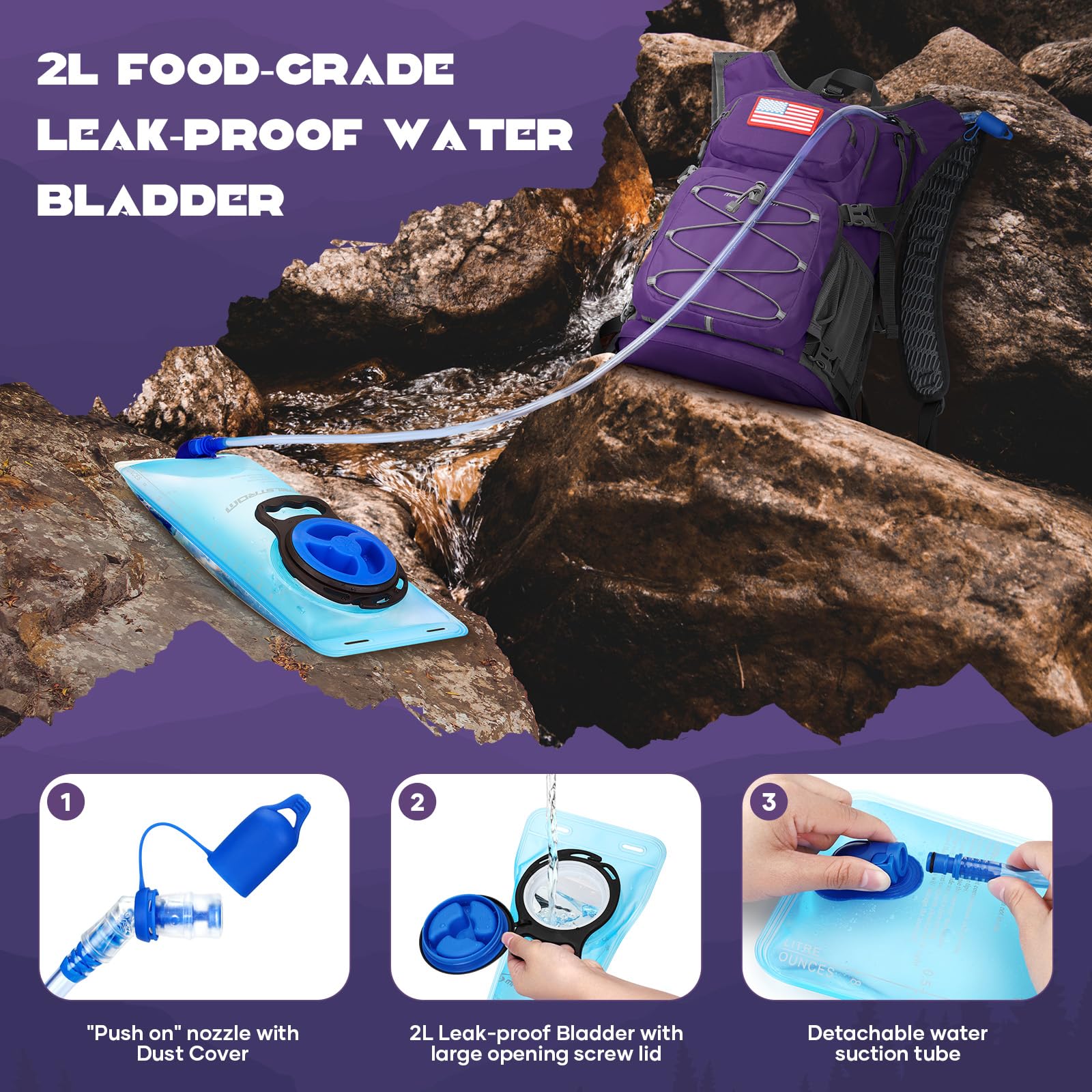 Maelstrom Mochila de hidratación, mochila de senderismo con vejiga de agua de 2 L, válvula de mordida de alto flujo, mochila de agua para hombres y mujeres, aislamiento ligero para senderismo,