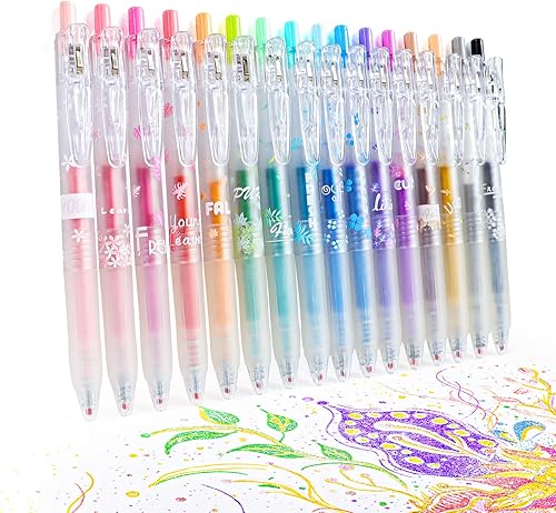 HANKU Glitter Gel Ink Pens 16 Assorted Color Retractable Gel Pen Set 0.7mm Fine Tip Colored Journaling Pens for Coloring Drawing Doodling Office HANKU Glitter Gel Ink Pens 16 Assorted Color Retractable Gel Pen Set 0.7mm Fine Tip Colored Journaling Pens for Coloring Drawing Doodling Office