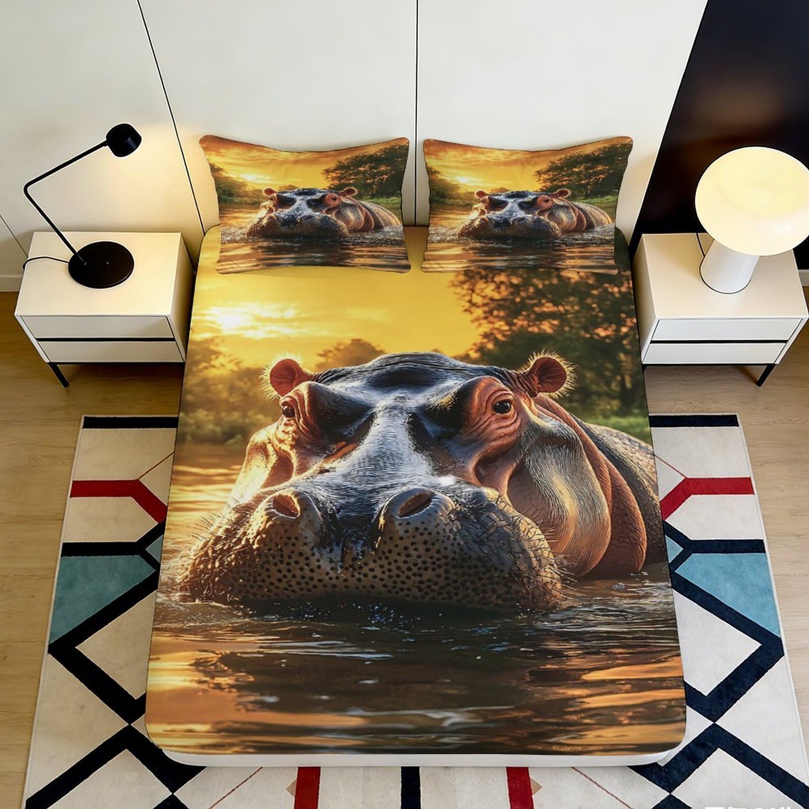 3D Printed Hippo Sunset Fitted Sheet Microfiber Soft Breathable River Wildlife Mattress Cover for Bedroom Decor 90x200x25cm