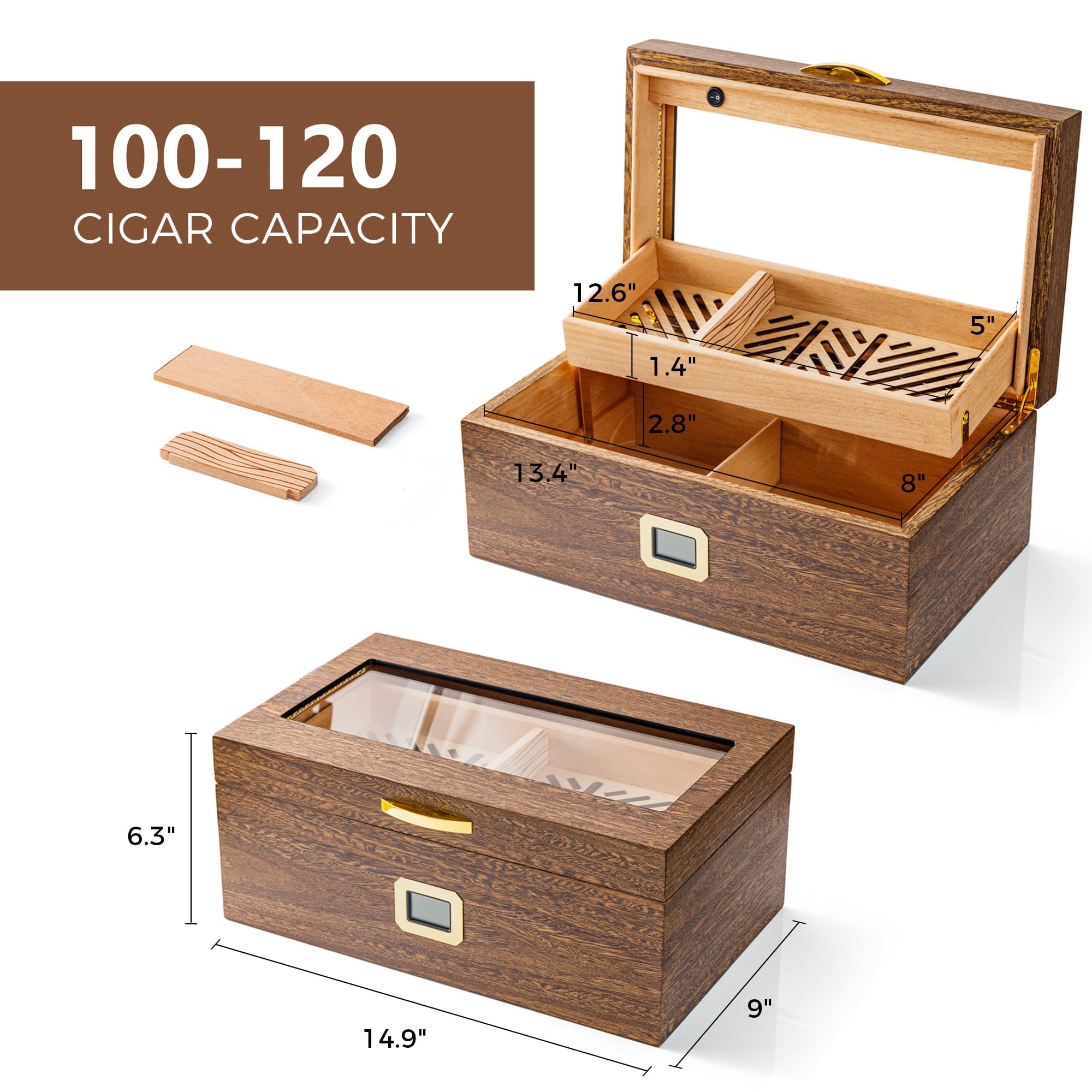 Woodronic Zigarren Humidor Box mit LED Beleuchtung für 50-100 Zigarren Desktop Zigarrenhalter mit Digital Hygrometer Luftbefeuchter Humidor Lösung Spanische Zedernfutter Tablett und Trennwände