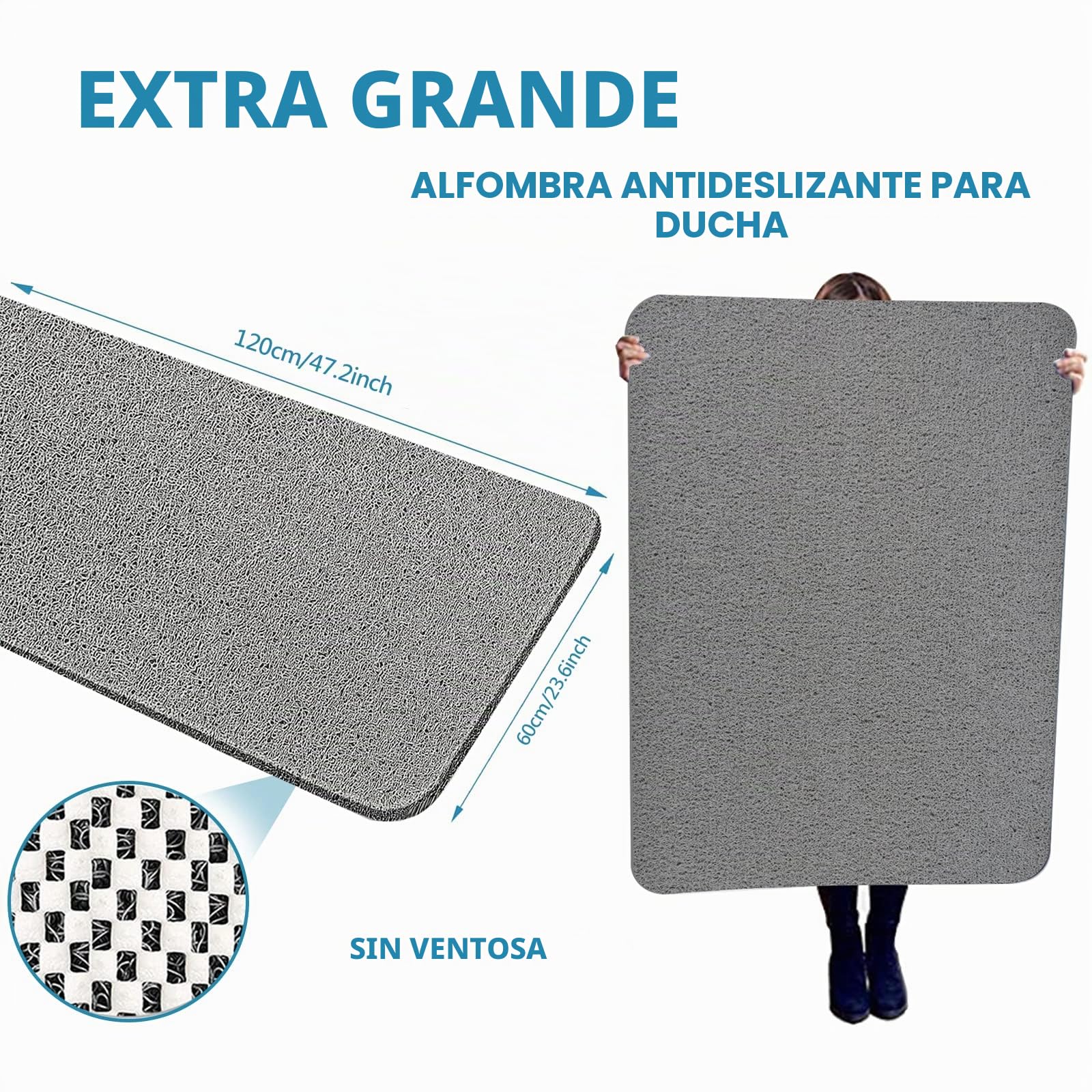 Alfombrilla de Ducha XXL, Antideslizante, sin ventosas, para Superficie de bañera Texturizada, Alfombrilla de baño para Ducha y baño, Secado rápido, 60 × 120 cm, Gris