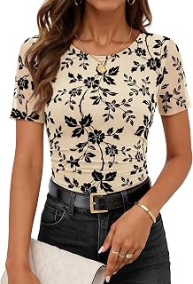 MEROKEETY Womens Summer Short Sleeve Floral Fitted Blouse Top Dressy Casual | 2026, Jacquard, Flocked Mesh, Lined, Crew Neck, Ruched, Cinched Waist, Lace-like, Stretchable, T Shirts, Cute Outfit Clothes