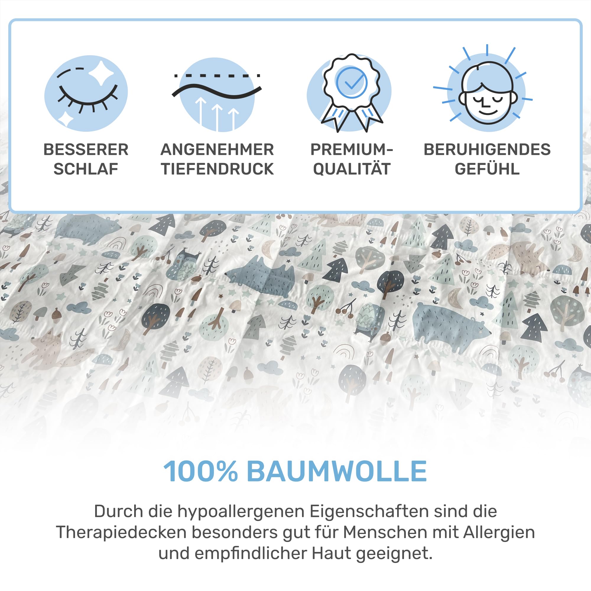 Dailydream Kinder Gewichtsdecke 104x150 3,2 kg Wald 100% Baumwolle Glasperlenfüllung Weighted Blanket Therapiedecke 35-55 kg
