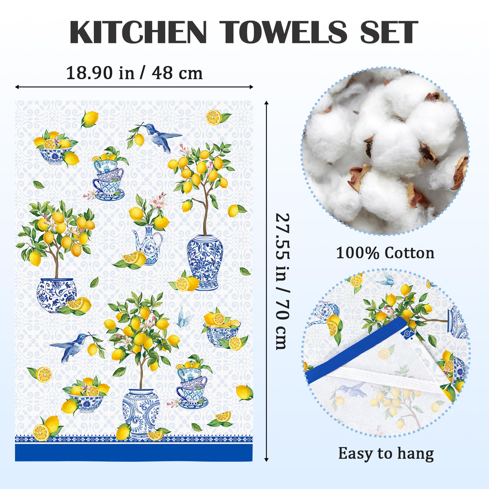 Set 2 Strofinacci Cucina, Limone Estate Chinoiserie 100% Cotone Canovacci Senza Pelucchi Asciugamani Durevole Riutilizzabili Panni Cucina Decorazione Botanica Regali di Vacanza 48 cm x 70 cm