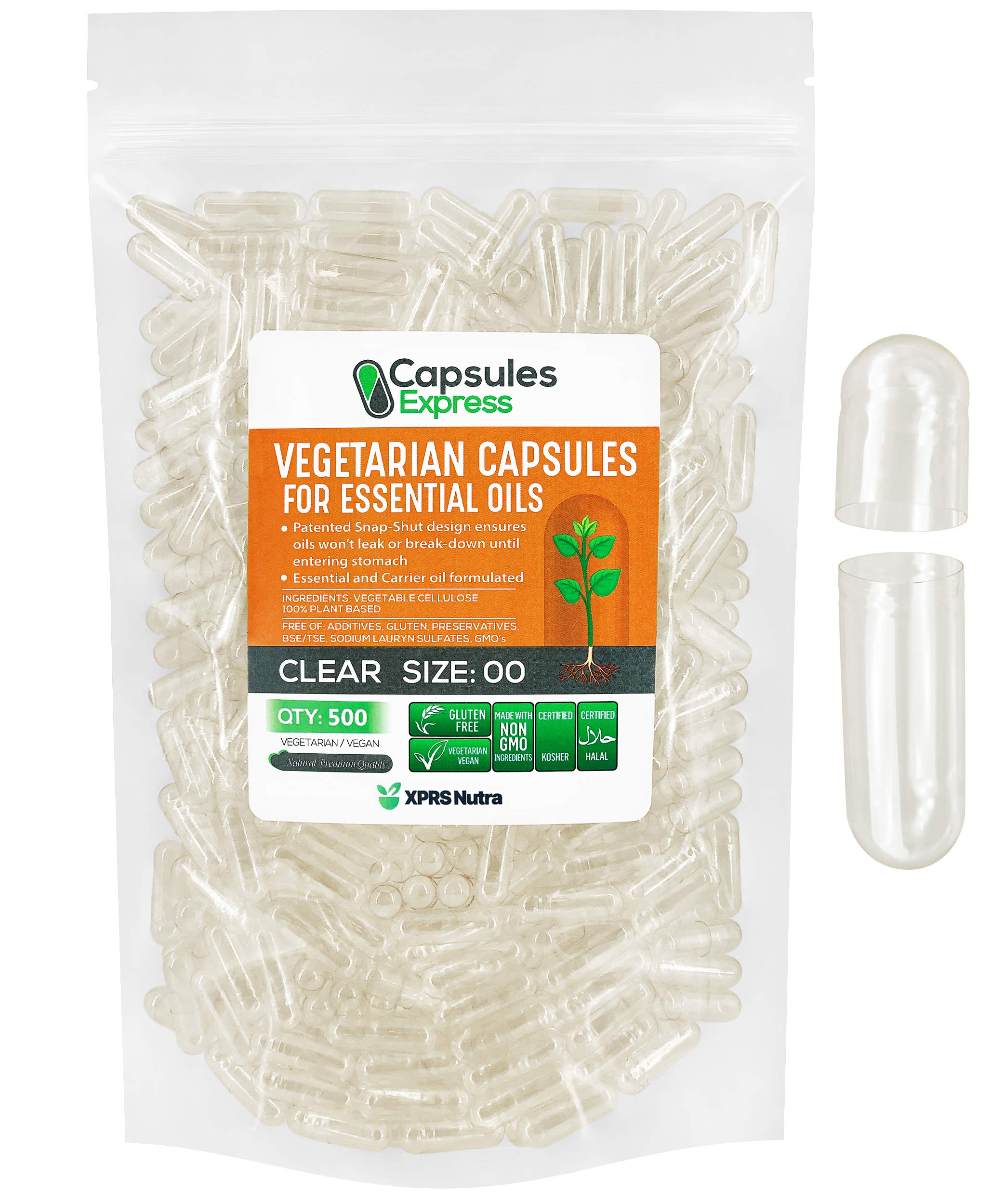 XPRS NutraSize 00 Empty Vegan Capsules - 500 Count Clear Veggie Capsules for Essential Oils - Empty Vegetable Caps - DIY Filling Works with Most Oil