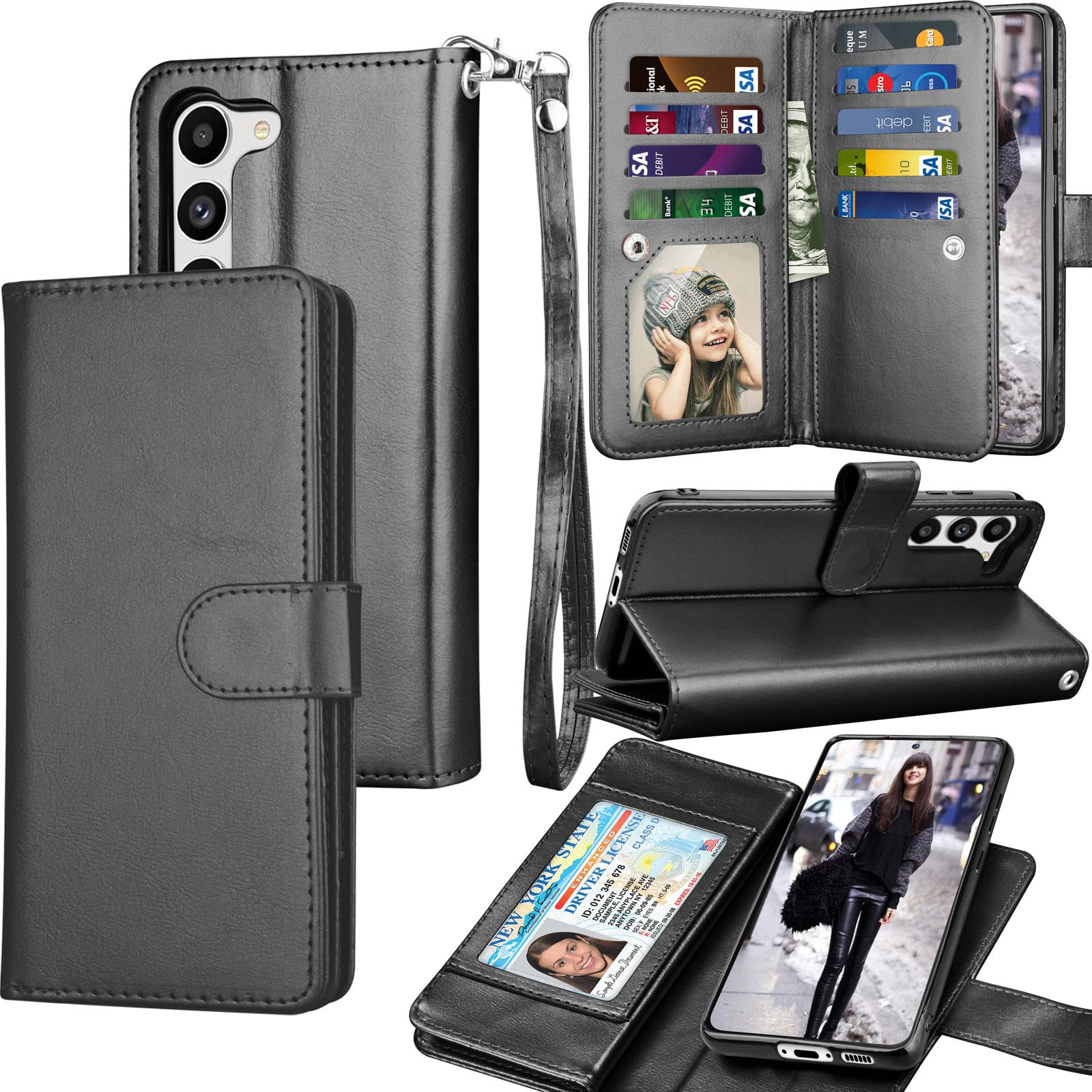 Galaxy S23+ Case, Galaxy S23 Plus Wallet Case, Tekcoo Luxury PU Leather ID Cash Credit Card Slots Holder Carrying Folio Flip Cover [Detachable Magnetic Hard Case] for Samsung S23 Plus 5G [Black]