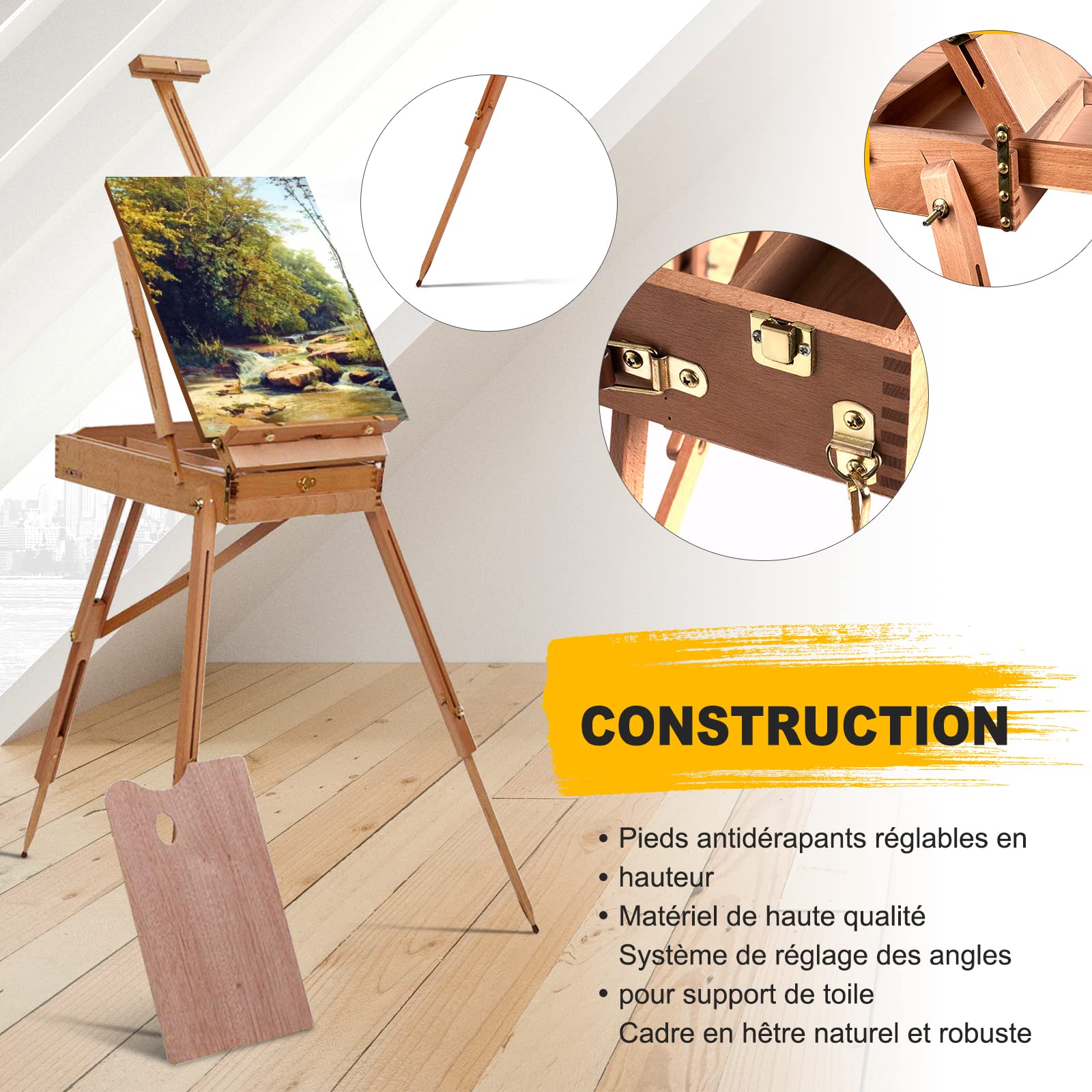 COSTWAY Chevalet Réglable Trépied avec Tiroir, Chevalet Professionnel Multifonction pour Peindre, Dessiner pour Peinture en Bois de Hêtre, Hauteur Réglable, 71 x 114 x 180 cm