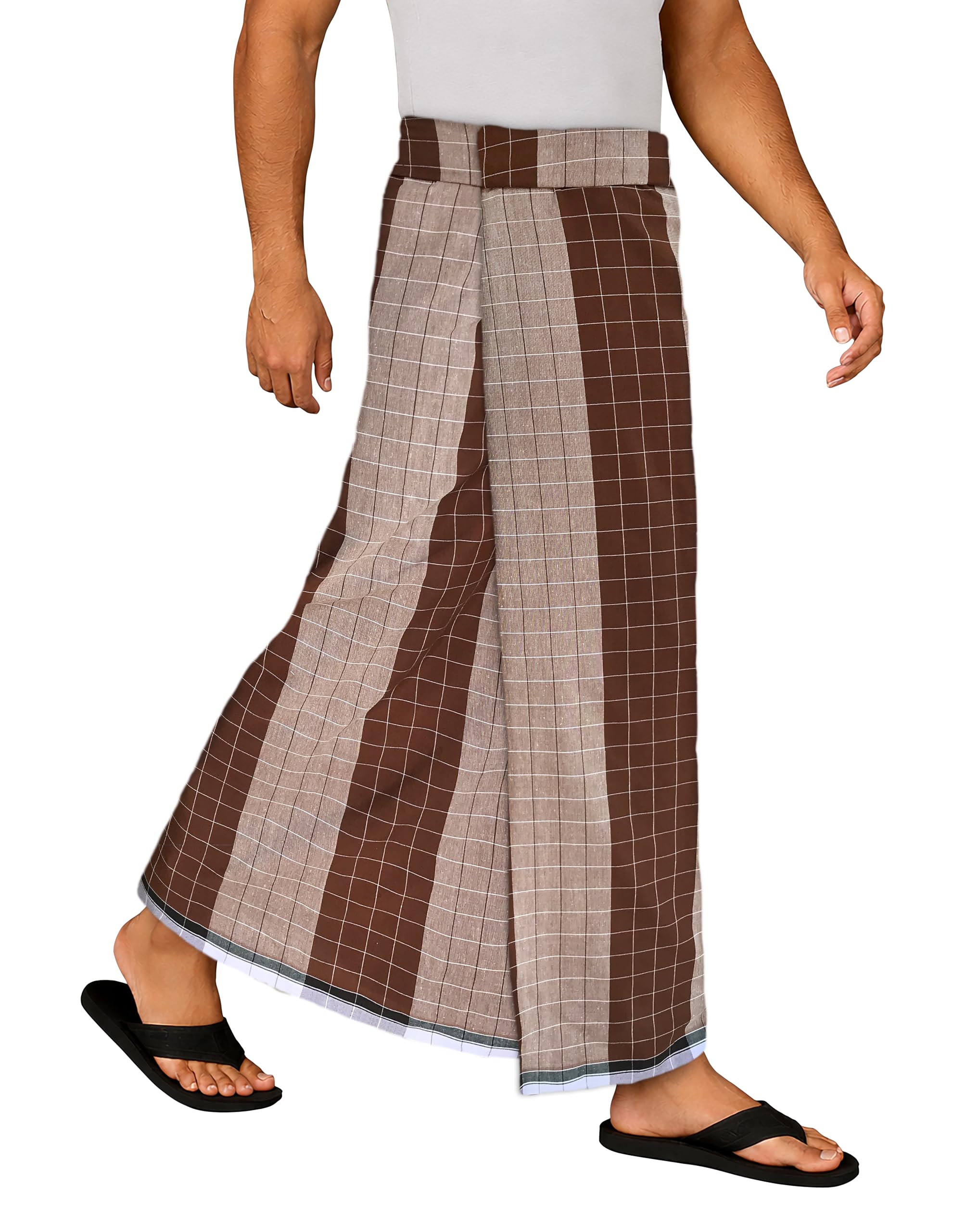 oasis hometex Cotton Open Ended Free Size Ready to Wear Checked Lungi -Pack of 1(Kesari) (Standard, Brown)-picture-55
