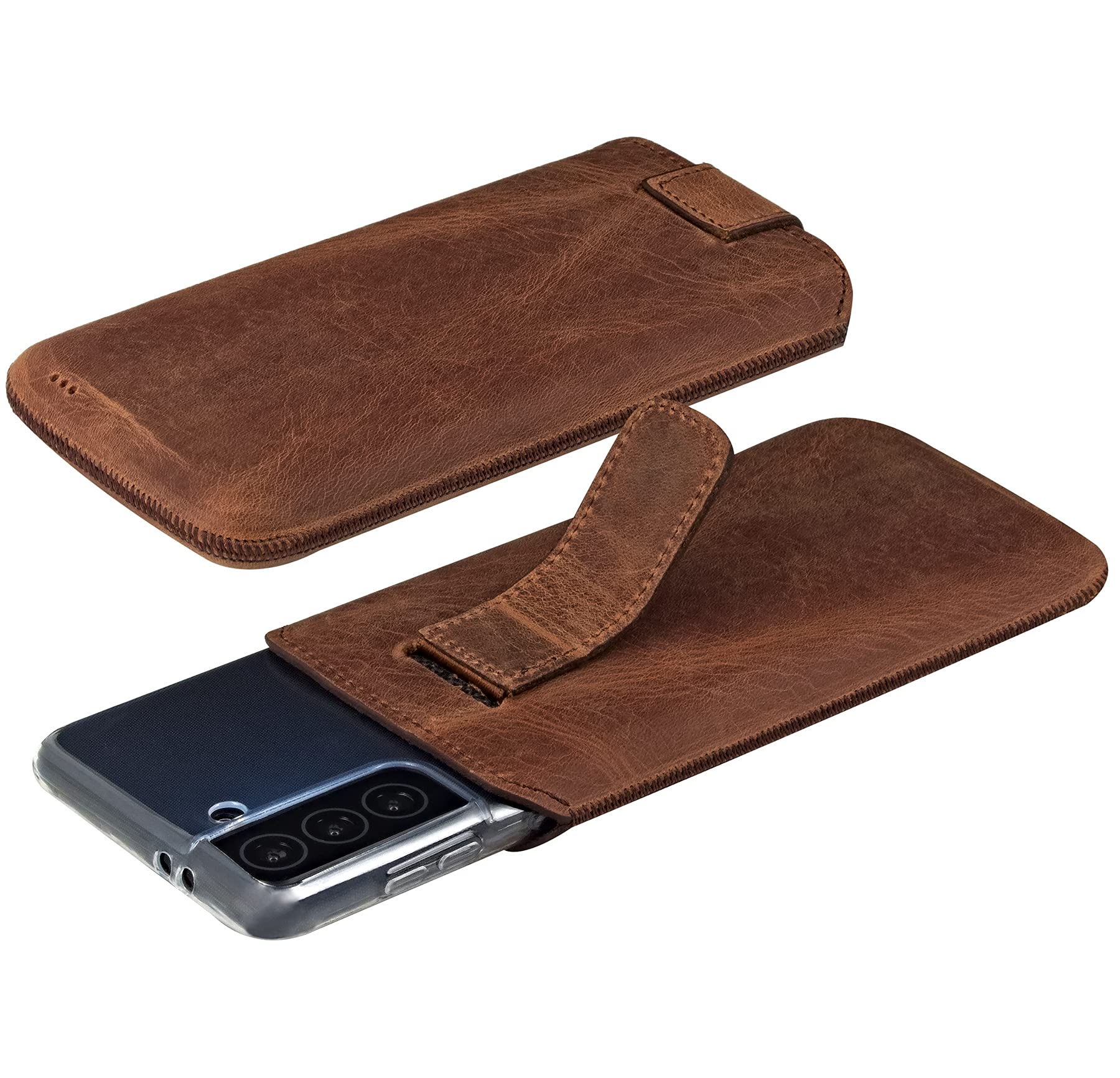 Suncase ECHT Ledertasche Leder Etui kompatibel mit iPhone 16 Pro (passend mit dickere Bumper/Silikon Case : innen Maße - 155 x 76 x 14 mm) in antik Coffee