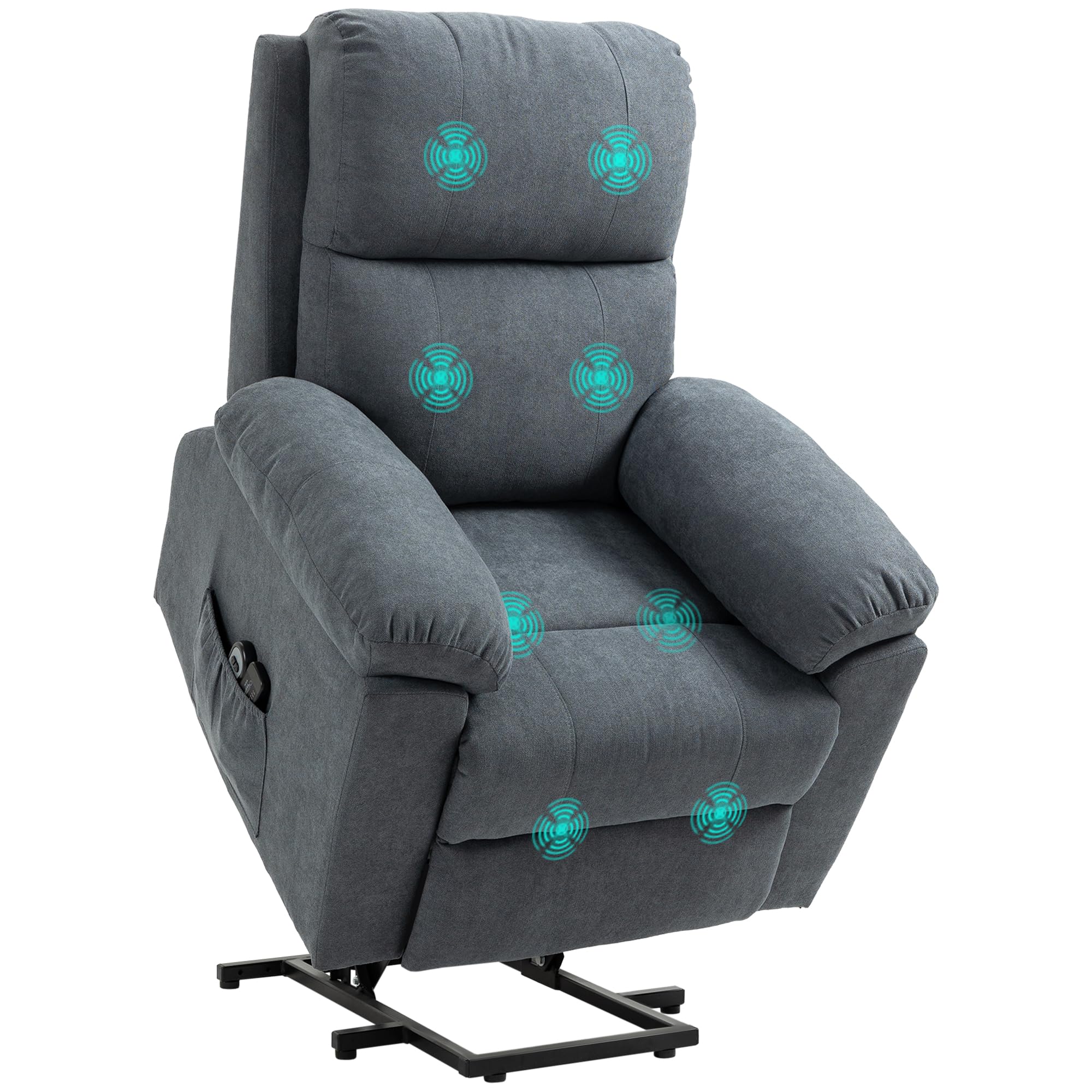 HOMCOM Poltrona Elettrica Alzapersona Reclinabile 135°, Poltrona Relax Elettrica in Tessuto Effetto Lino con 8 Punti Massaggio, Telecomandi, Poggiapiedi, 2 Tasche Laterali per Soggiorno, Grigio