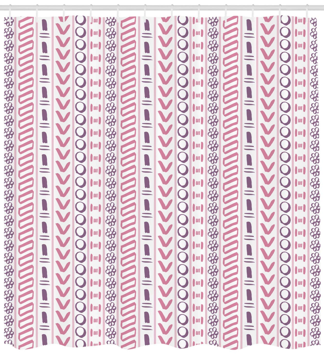 Ambesonne Striped Shower Curtain, Prehistoric Shapes with Flowers Circles Folk Culture Inspired Trippy Motif, Cloth Fabric Bathroom Decor Set with Hooks, 69