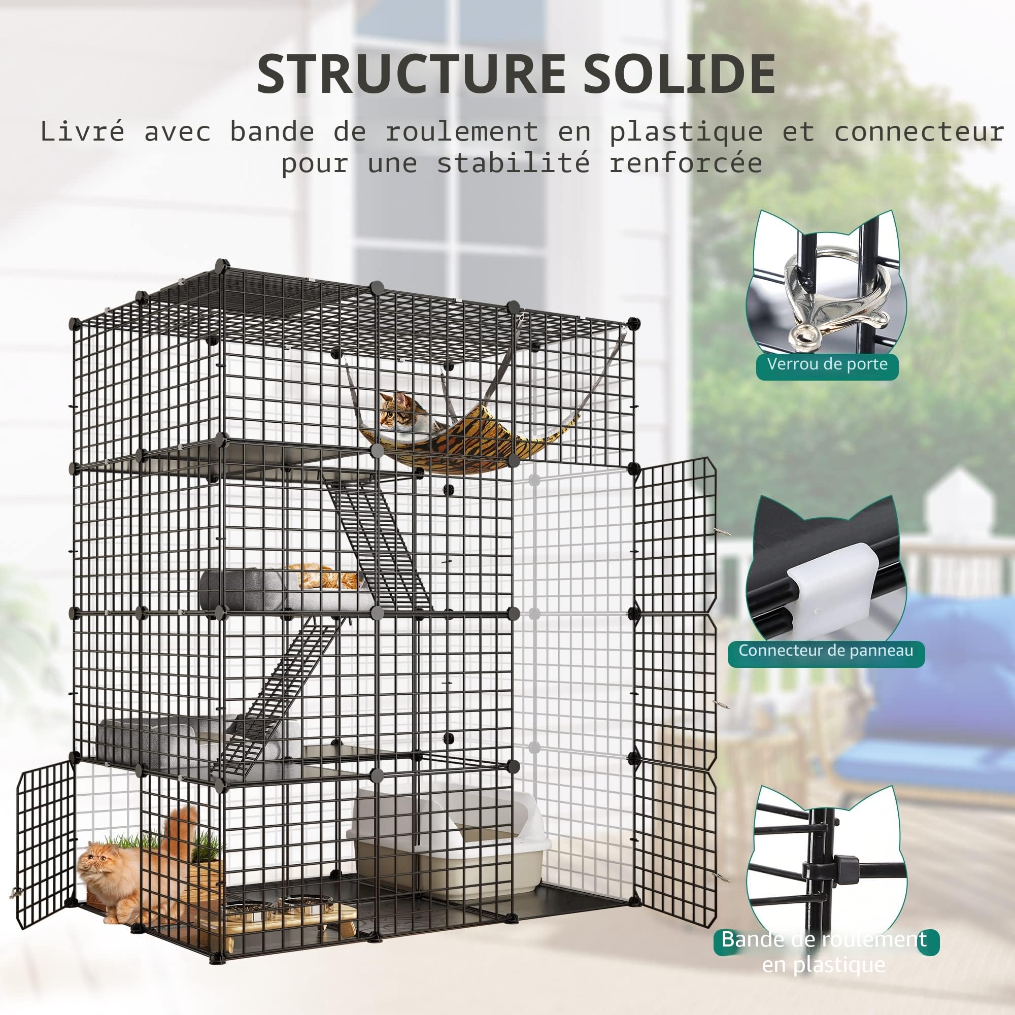 YITAHOME Grande Cage pour Chat d'intérieur, Enclos en Fil Métallique 4 Niveaux avec 4 Portes, 3 Échelles, Hamac, pour 1-3 Chats Lapin Chinchilla Noir