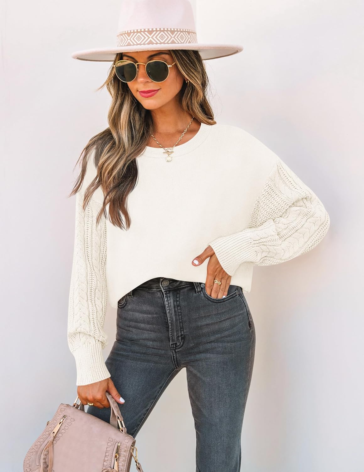 ZESICA Women's 2026 Spring Long Sleeve Crew Neck Solid Color Cable Knit Chunky Casual Oversized Pullover Sweater Tops