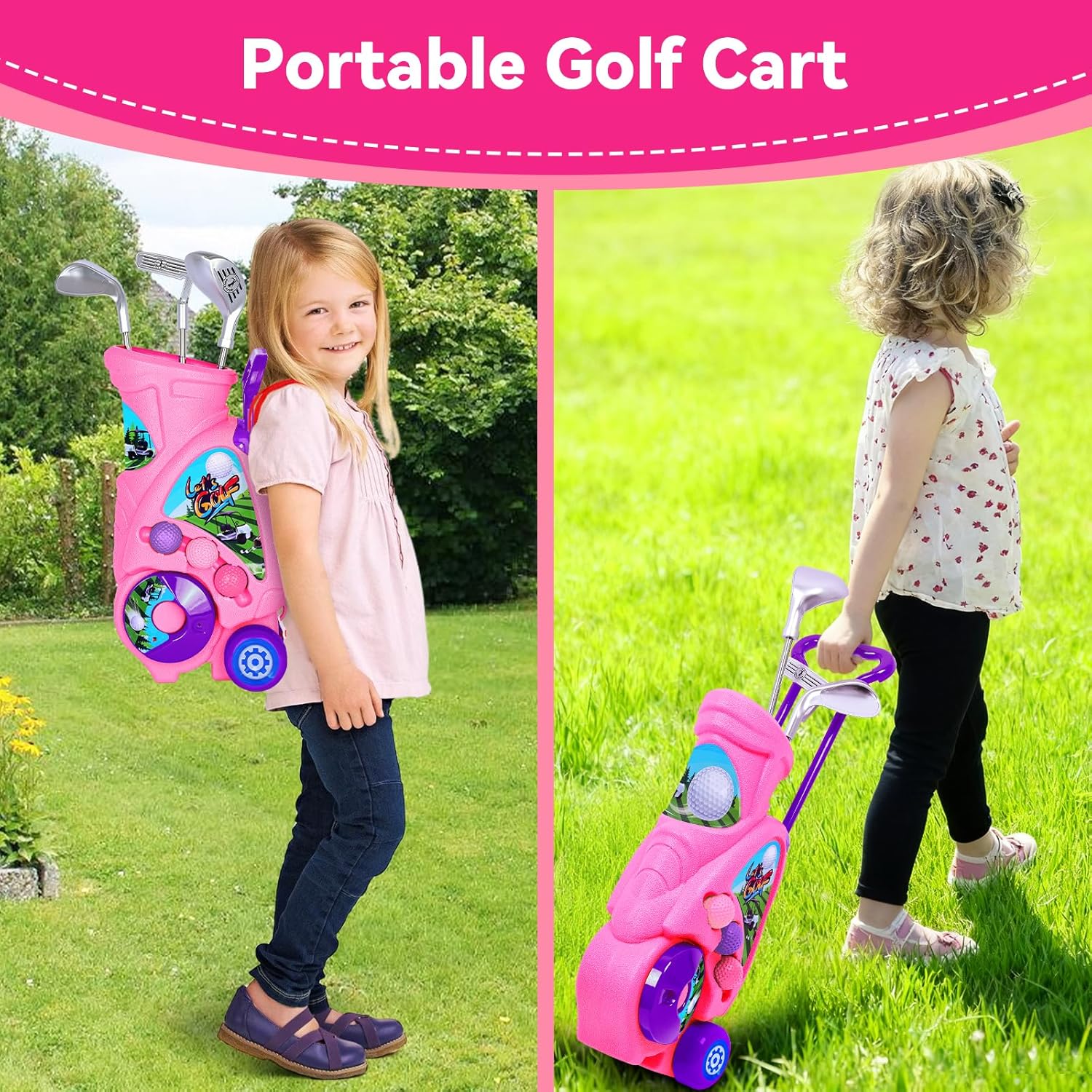 Toddler Golf Set with Shoulder Strap for Kids Ages 2-5, Portable Golf Clubs, Cart & Putting Mat - Indoor Outdoor Sports Toys -Pink