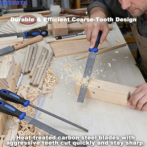 Miniatura 4 de GREBSTK Juego de limas de madera de 12 pulgadas con agarre de goma, raspador de corte de madera, juego de 3 piezas, redondo, medio redondo, raspa