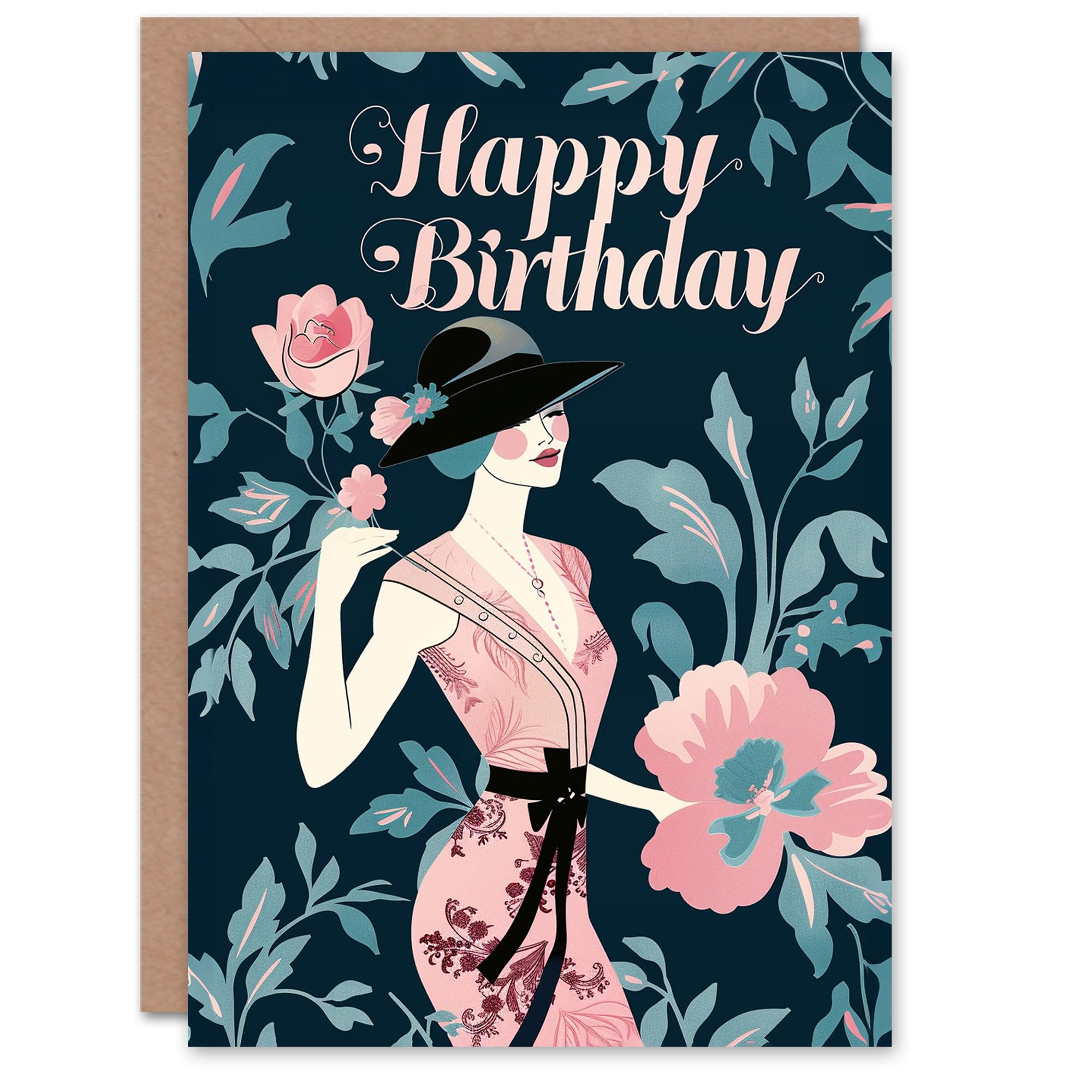 Artery8 Greeting Card - Blue Pink Floral Design - Fashion Lady