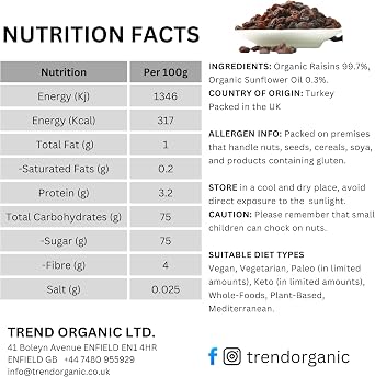 Trend Organic Raisins, 500g-Unsweetened, Unsulphured, Sun Dried, Natural Sugars, Rich in Fibre and Minerals, Certified Organic, Vegan, GMO-Free, No Additives No Preservatives, Raw