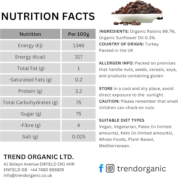 Trend Organic Raisins, 500g-Unsweetened, Unsulphured, Sun Dried, Natural Sugars, Rich in Fibre and Minerals, Certified Organic, Vegan, GMO-Free, No Additives No Preservatives, Raw