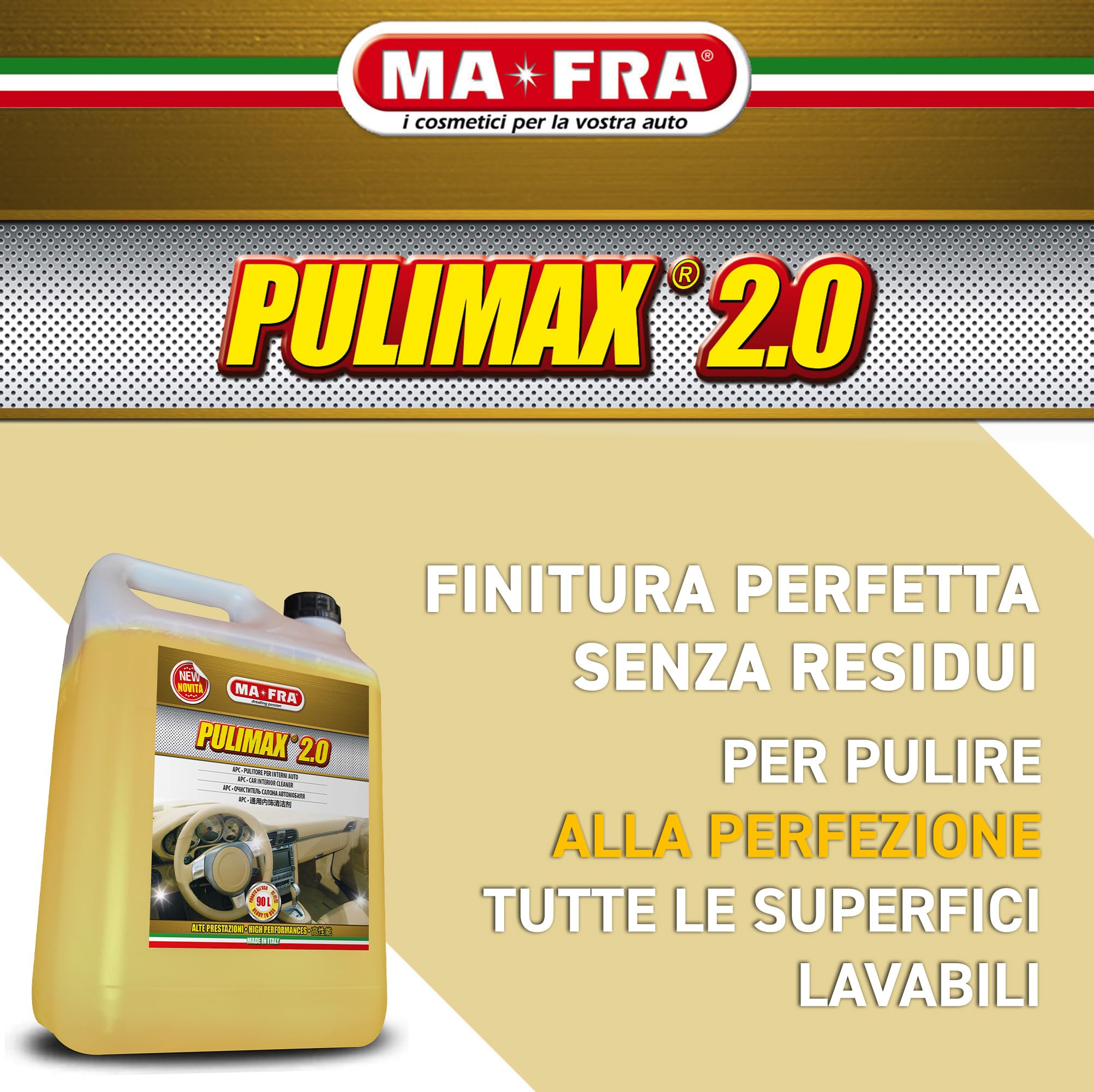 MAFRA, Pulimax 2.0, APC Detergente Universale per Interni Auto, Ideale per la Pulizia di Skai e Tessuti, Rimuove Sporco e Cattivi Odori, Formato da 4500 ml