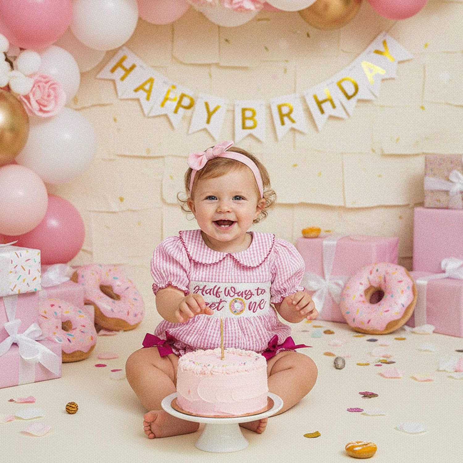 Bagilaanoe Half Birthday Outfit Baby Girl Half Way to Sweet ONE Donuts Short/Long Sleeve Romper Smocked Bubble Clothes