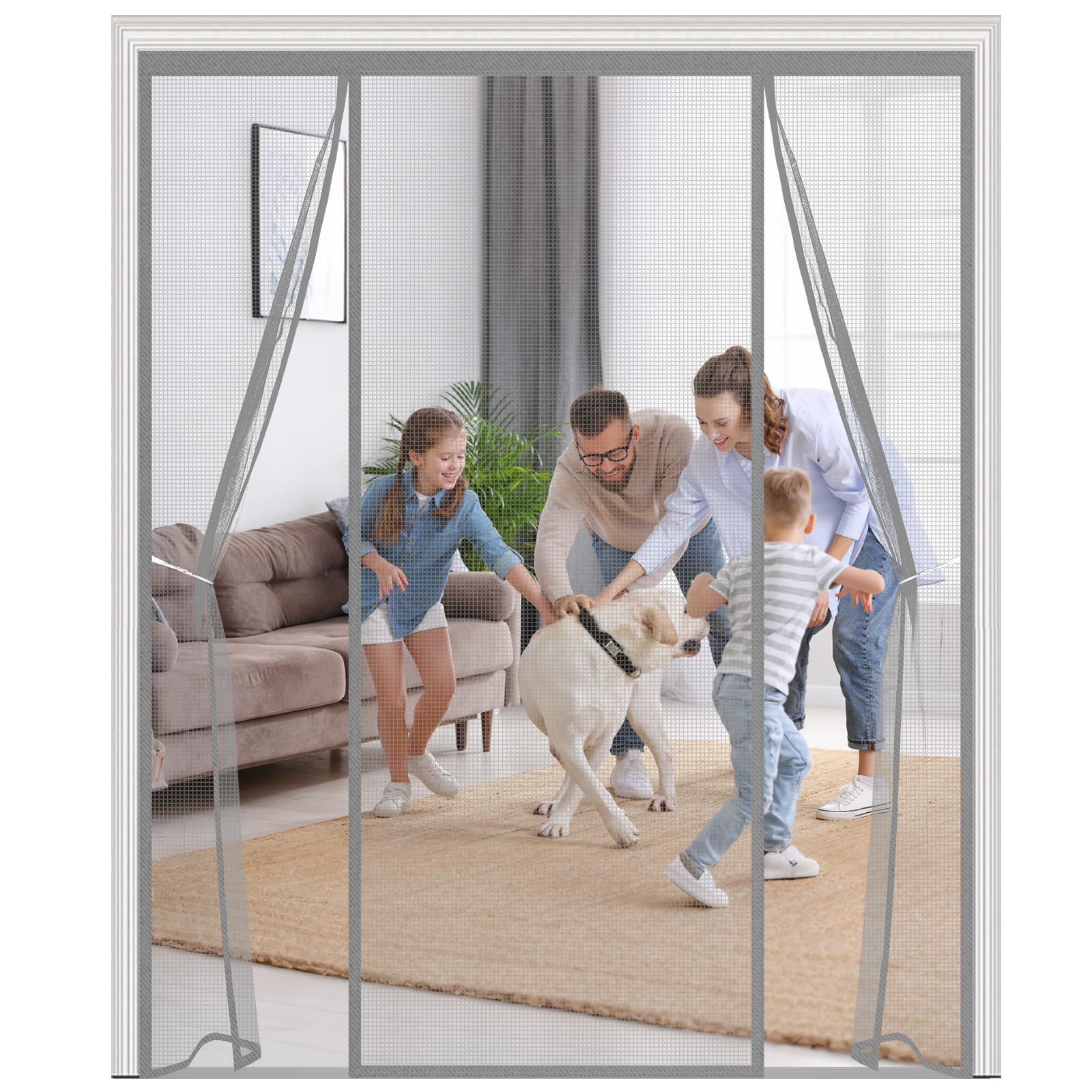 Magnetic Fly Screen for Double Doors,155x265cm Heavy Duty Polyester Mesh Door Curtain, Silent Self-Closing with Double-Sided Opening, 4cm Wide Top Tape,Pet Friendly,Grey