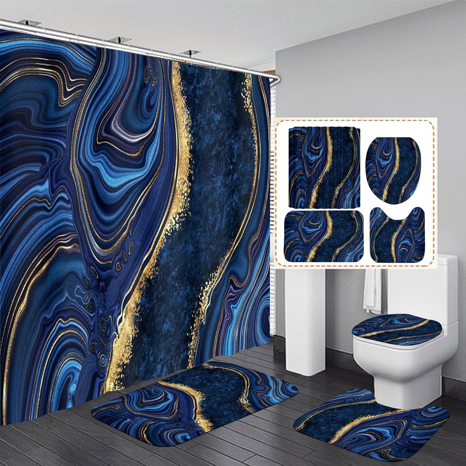 Nkzply 4 Pcs Blue Marble Shower Curtain Sets with Rugs Gold Bathroom Sets with Shower Curtain and Rugs Modern Abstract Bathroom Decor Accessories Shower Curtains for Bathroom Toilet Lid Cover Blue Gold