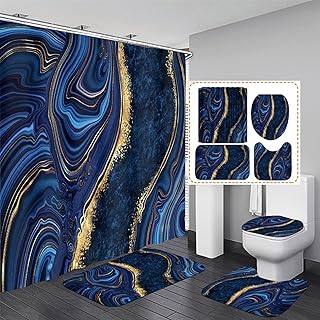 Nkzply 4 Pcs Blue Marble Shower Curtain Sets with Rugs Gold Bathroom Set...