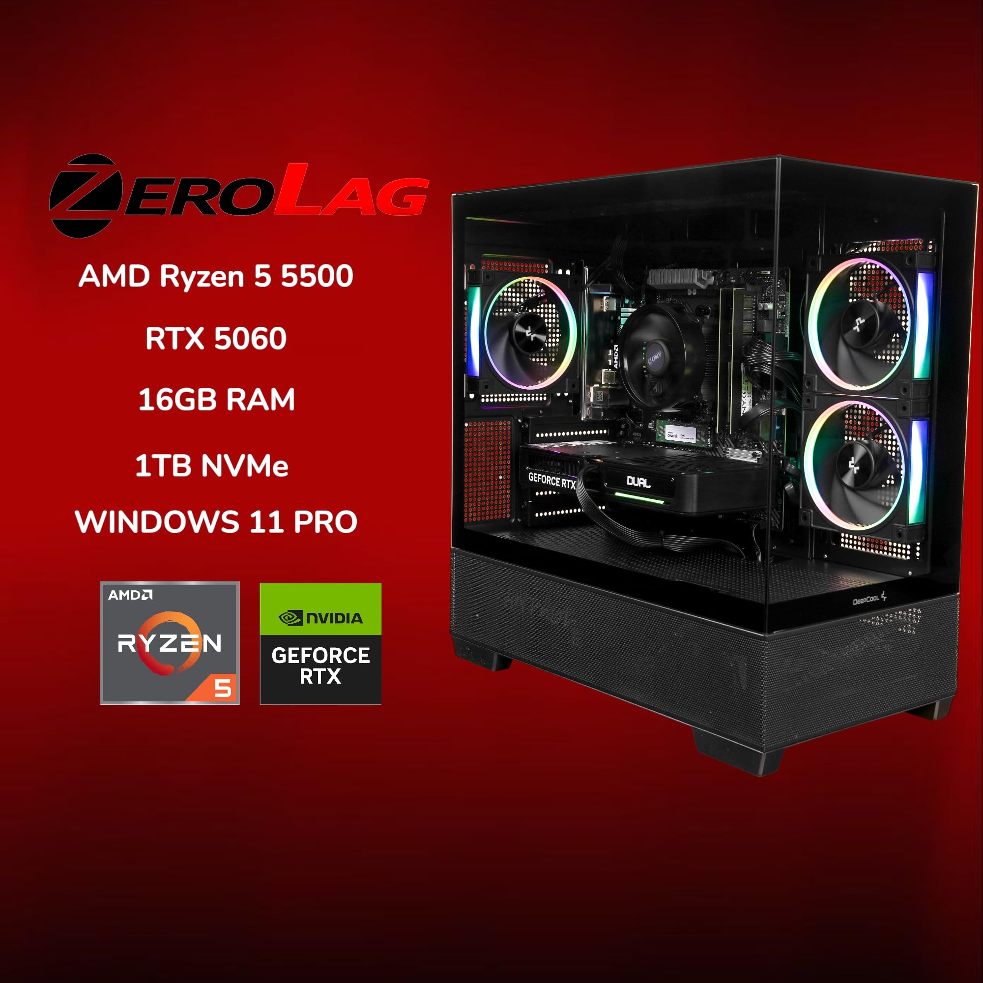 ZeroLag Gaming PC - AMD Ryzen 5 5500, Nvidia RTX 5060, 16GB DDR4 RAM, 1TB NVMe SSD, 80+ PSU, Wi-Fi/Bluetooth, Windows 11 Pro, DeepCool ARGB Case with USB-C — view 2