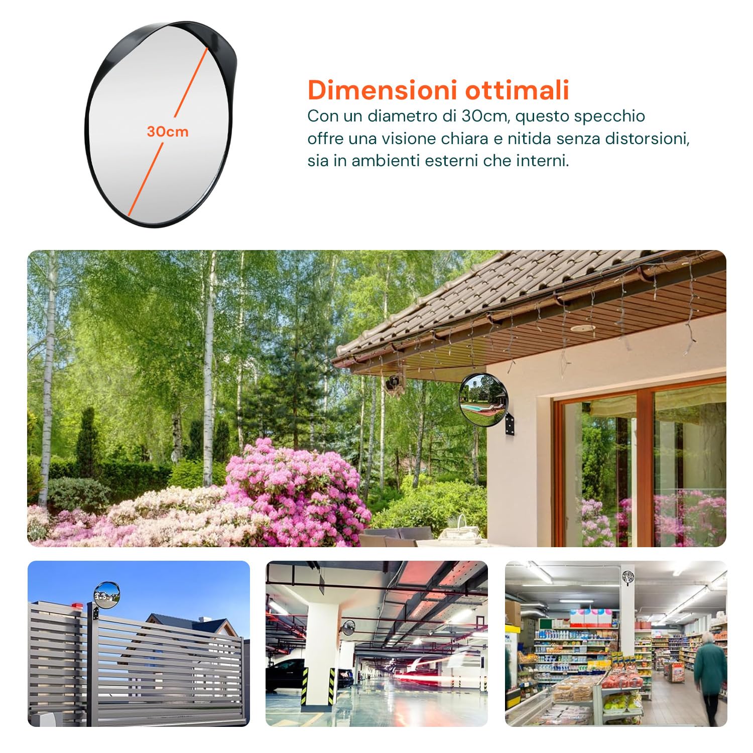 Avilia Specchio Grandangolare 160° per Manovre - 30 cm, Convesso, in Polipropilene e Vetro Infrangibile - Ideale per Sicurezza in Garage, Negozi e Aree di Servizio - Montaggio Facile e Versatile
