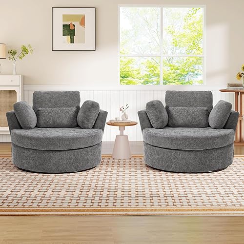 Oversized Swivel Accent Barrel Chair Set of 2, Chenille Upholstered Comfy Round Swivel Chair with Pillows, 360 Degree Modern Lounge Reading Sofa Armchair for Nursery, Living Room, Bedroom(Grey)