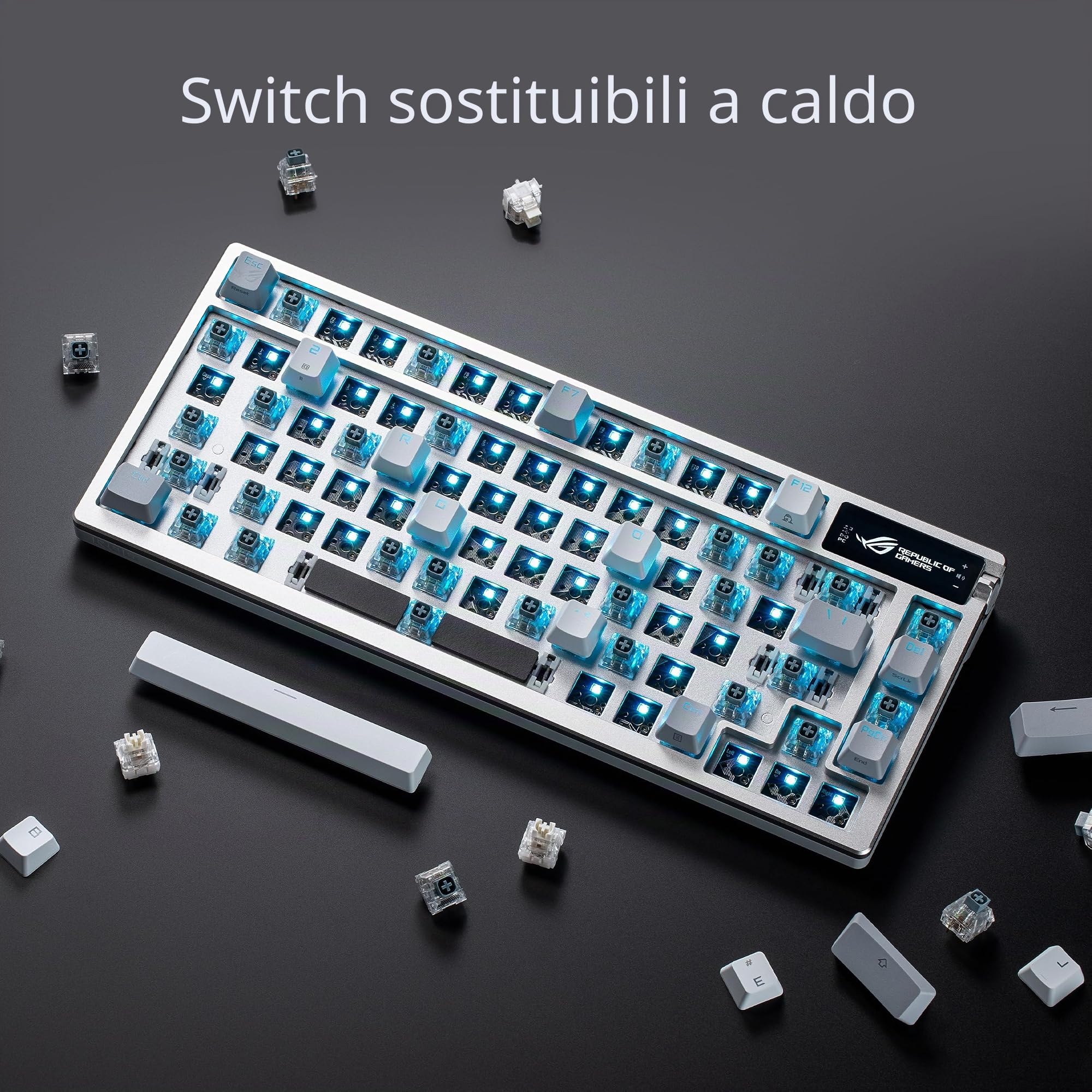 ASUS ROG Azoth White - Tastiera meccanica Gaming con connessione tri-modalità, display OLED, montaggio a giunto, switch e stabilizzatori di tastiera ROG NXRed prelubrificati, Hot-Swap, AZERTY Francese