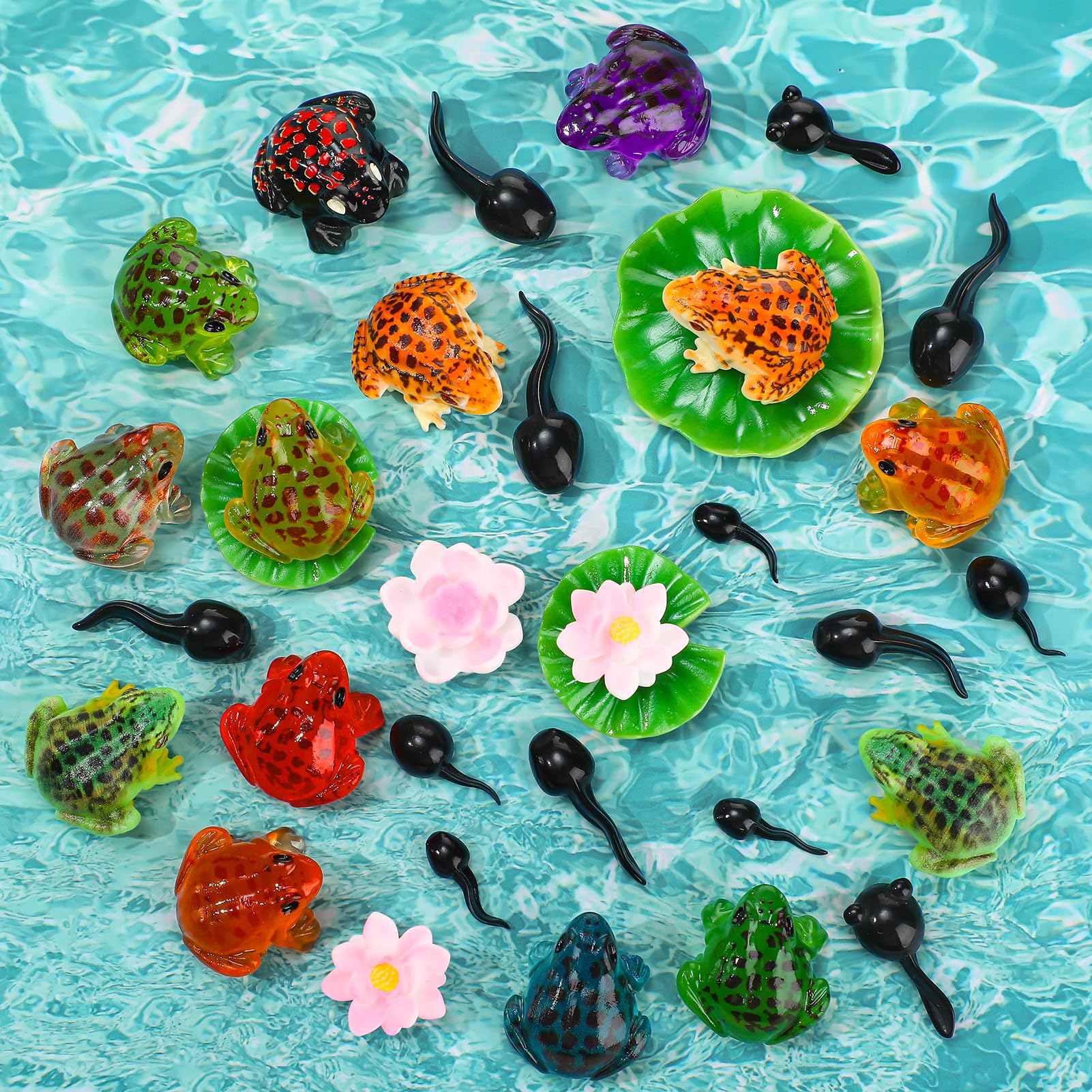 Vyuwast 34 Pcs Mini Artificial Pond Accessories Mini Frogs Tadpoles Tiny Resin Lily Leaves Artificial Lotus Flowers for Garden Fish Pond Patio Aquarium Water Decoration