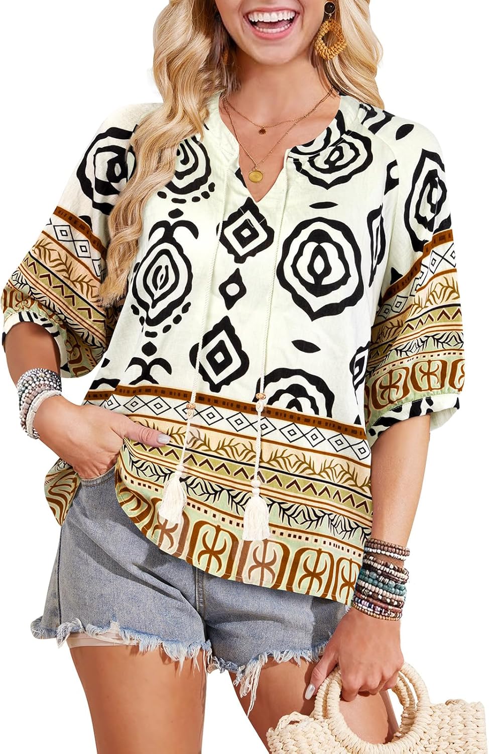 Bulotus Womens Boho Tops Spring Summer 3/4 Sleeve Drawstring V Neck Blouse Dressy Casual Shirts Beach Vacation Clothes