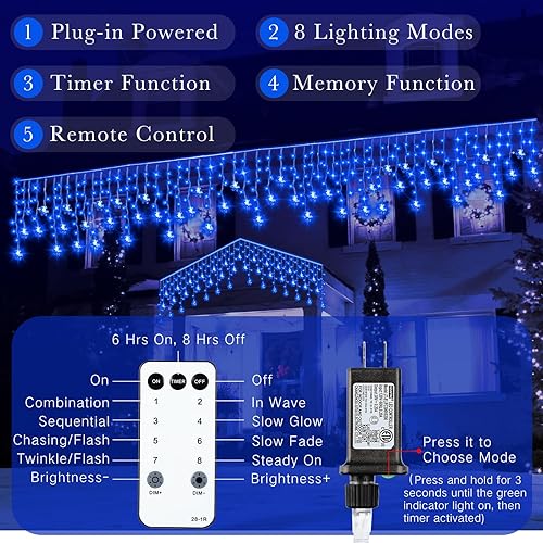 Miniatura 2 de Luces de carámbano de copo de nieve de Navidad, 33 pies, luces de copo de nieve para exteriores con control remoto, 8 modos, impermeables, 380 LED,