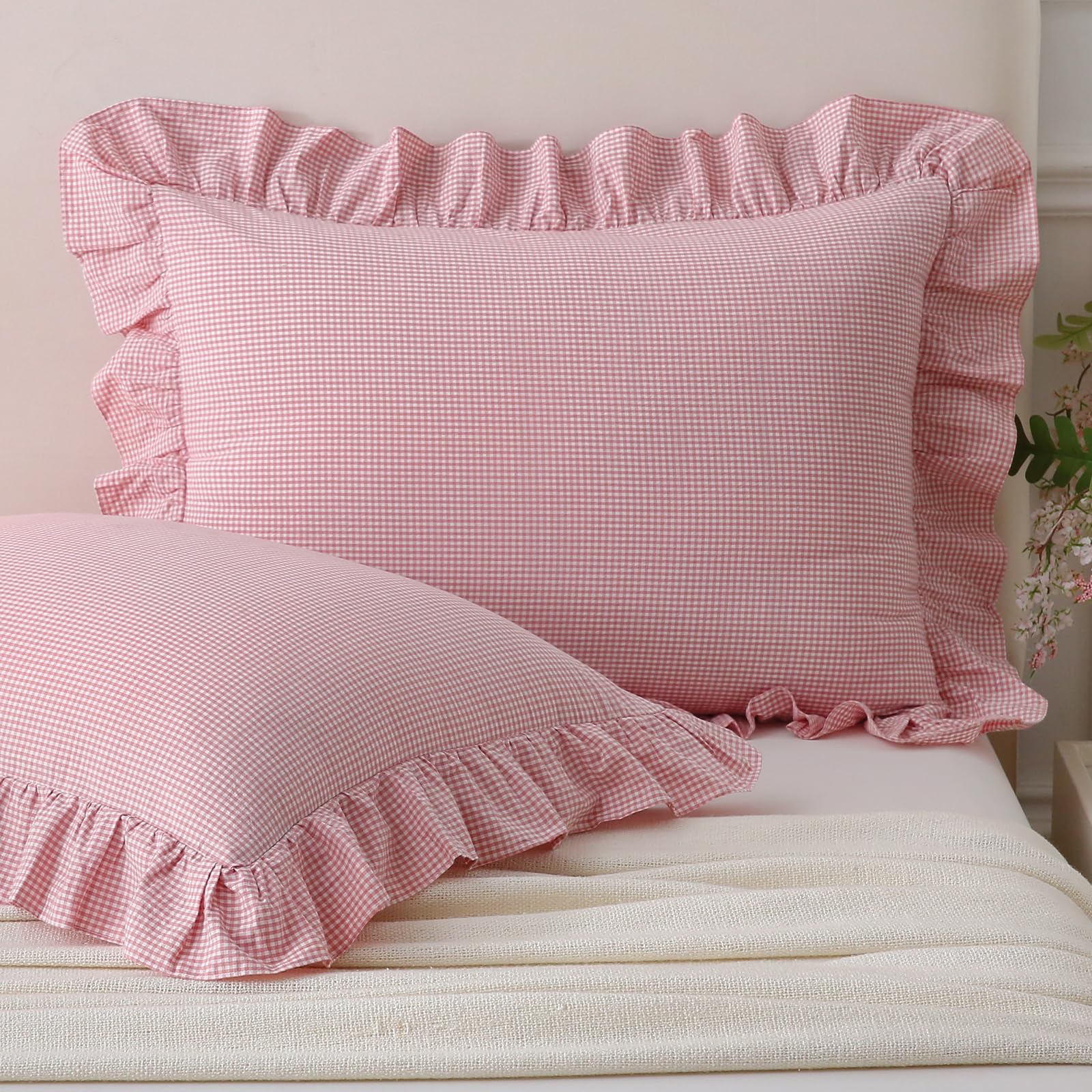 Aryeleay 2 Pack Pink White Plaid Gingham Ruffle Pillow Shams, 100% Washed Cotton Checkered Farmhouse Pillow Covers for Bed/Sofa-20 x26