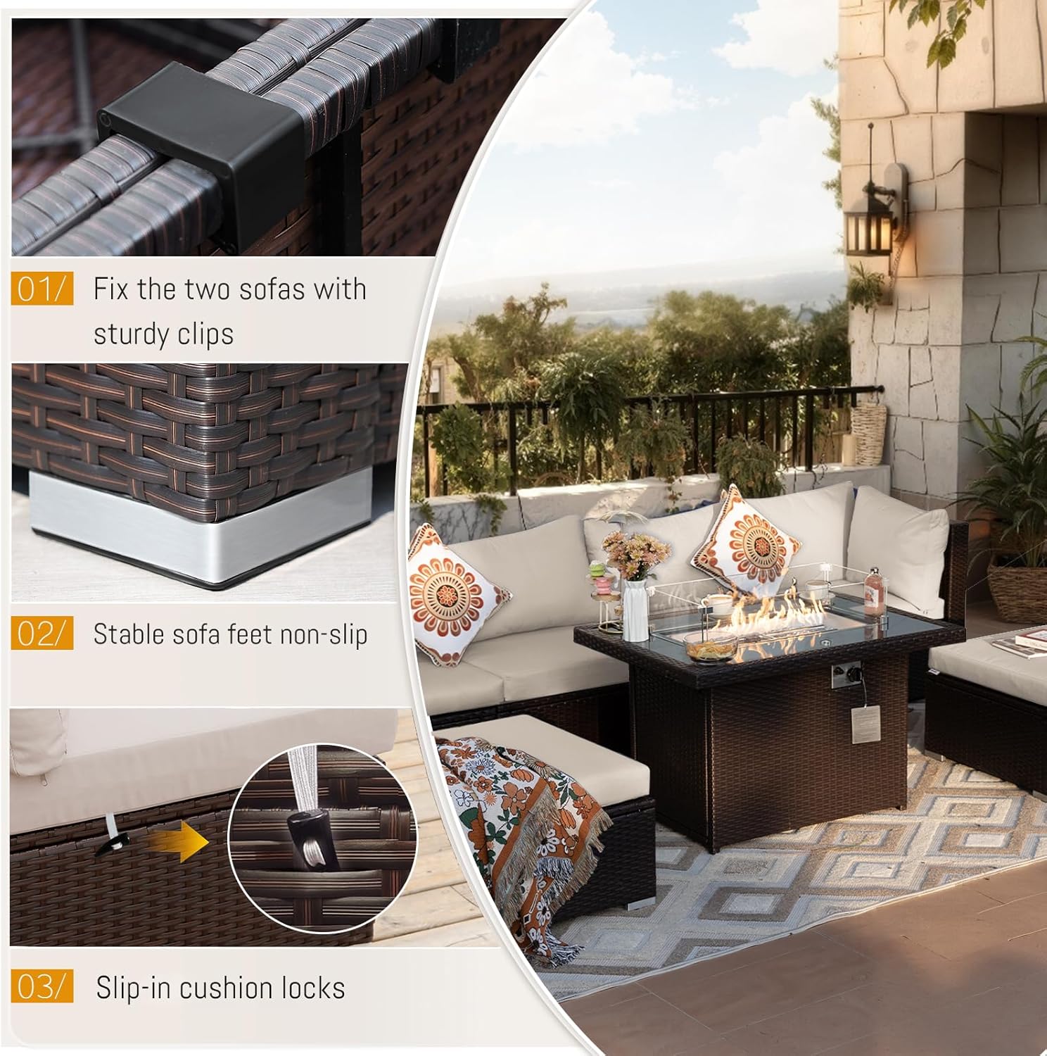 BULEXYARD 7 Pcs High Back Patio Furniture Set with Fire Pit Table Propane/Natural Gas Dual Fuel, All-Weather Outdoor Sectional Couch, Comfy Backyard Seating for Exterior, Brown Wicker & Beige Cushion