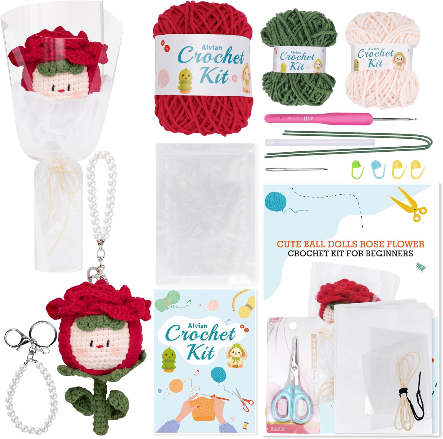 Alvian Handmade Crochet Rose Dumpling Fairy with Keychain - Flower Bouquet Beginners Crochet Kit for Valentine's Gifts, Birthday, Anniversary, Everlasting Rose Flower Craft Kit