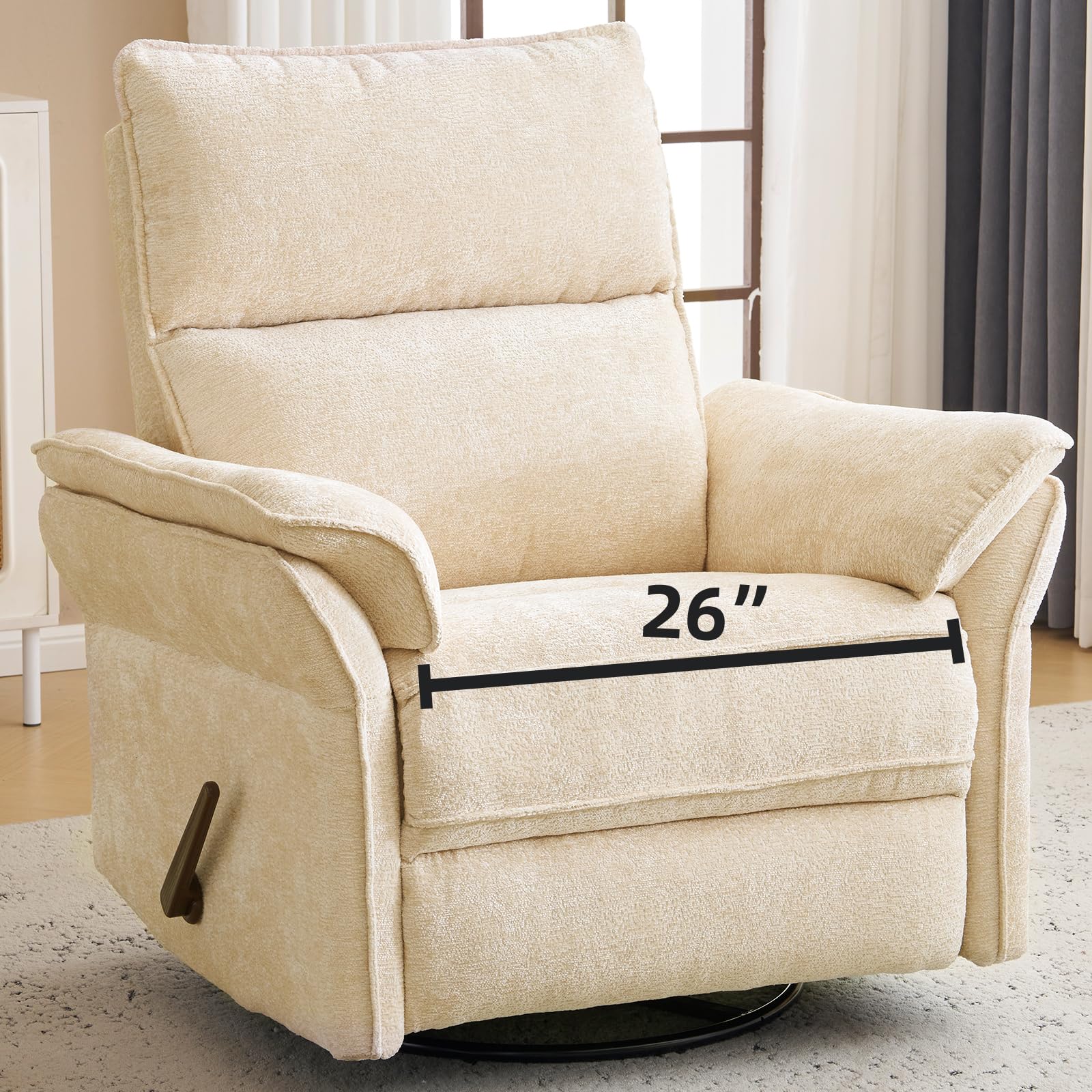 Oversized Recliner Chair, 26" Extra Wide 360° Swivel Rocker Recliner with Adjustable Headrest, Chenille Glider Rocking Nursery Chair with Overstuffed Armrest, Lumbar Support, Beige