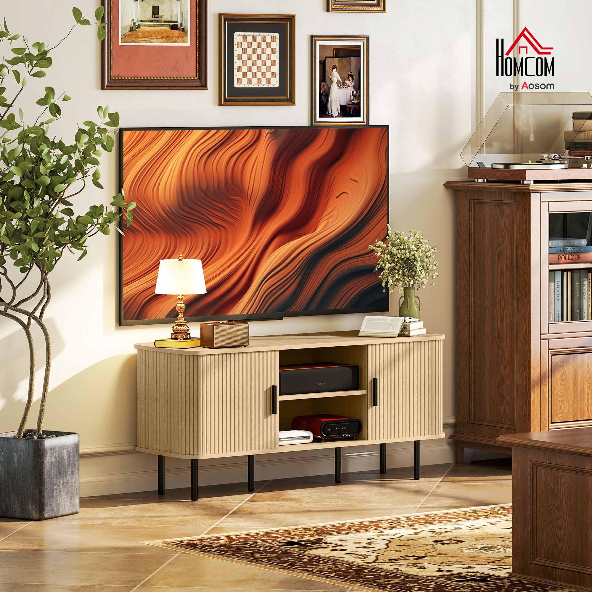 HOMCOM Mobile TV 55" con 2 Armadietti, 2 Ripiani e 2 Fori Passacavi, Mobiletto Porta TV in Legno e Acciaio, per Soggiorno e Camera da Letto, 120x40x55 cm, Rovere e Nero