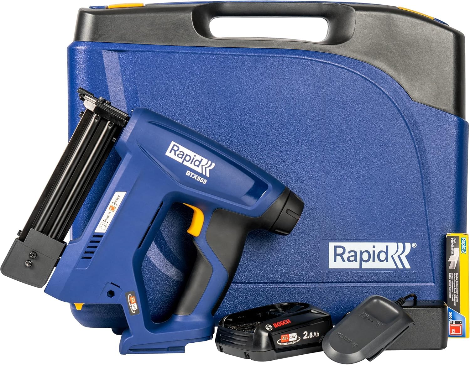 Rapid BTX553 - Agrafeuse Murale 18V POWER FOR ALLIANCE, Agrafeuse Électrique Sans Fil à Batterie pour Agrafes N°53 à Fil Fin & Pointes N°8 - avec Batterie 2,5 Ah/Chargeur/Malette Inclus (5001506)