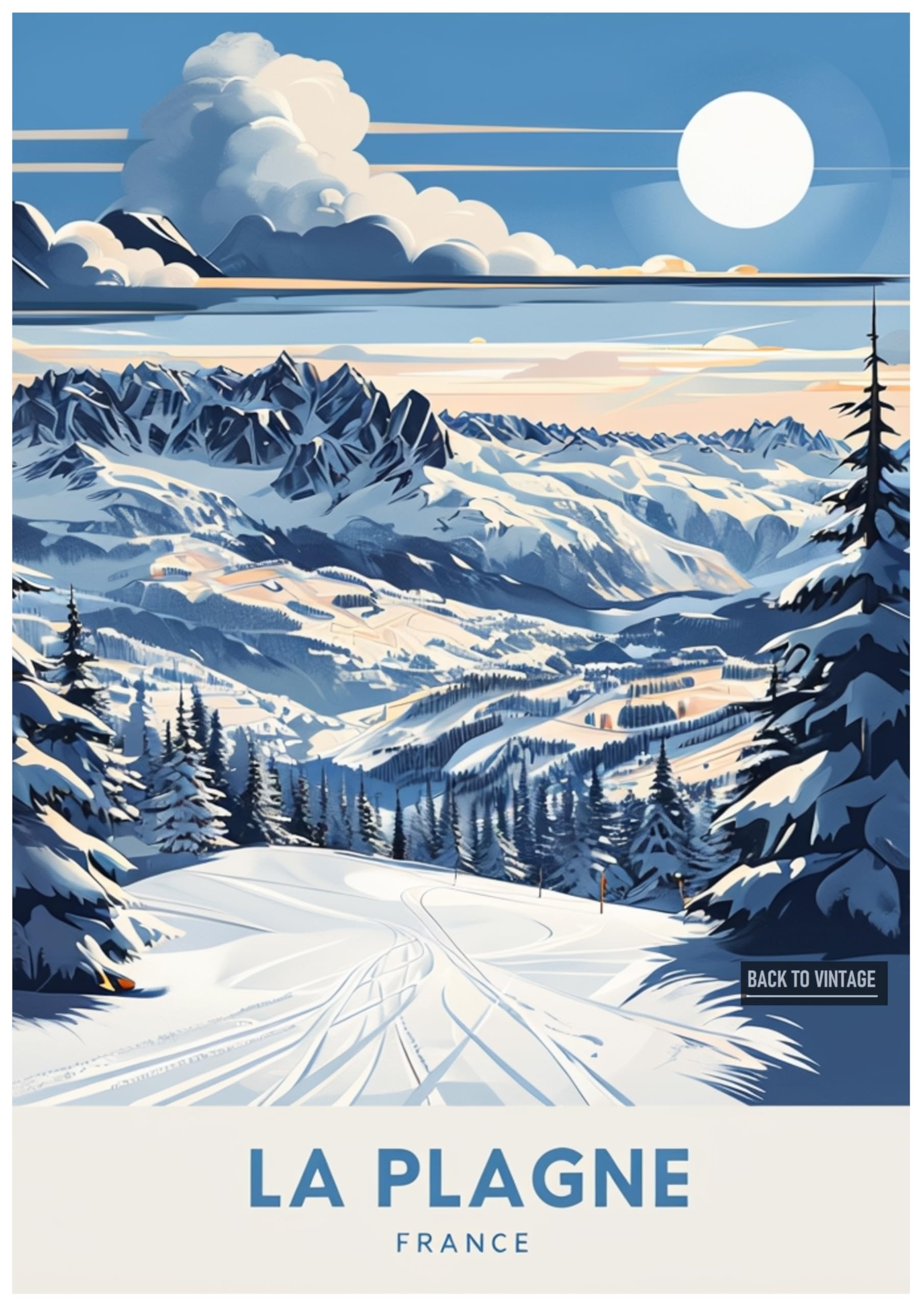 Back To Vintage Multicoloured La Plagne - Vintage Ski Resort Poster A4 Size Retro Winter Sports Wall Art Alpine Mountains Snow Landscape Home Decor For Ski Lovers