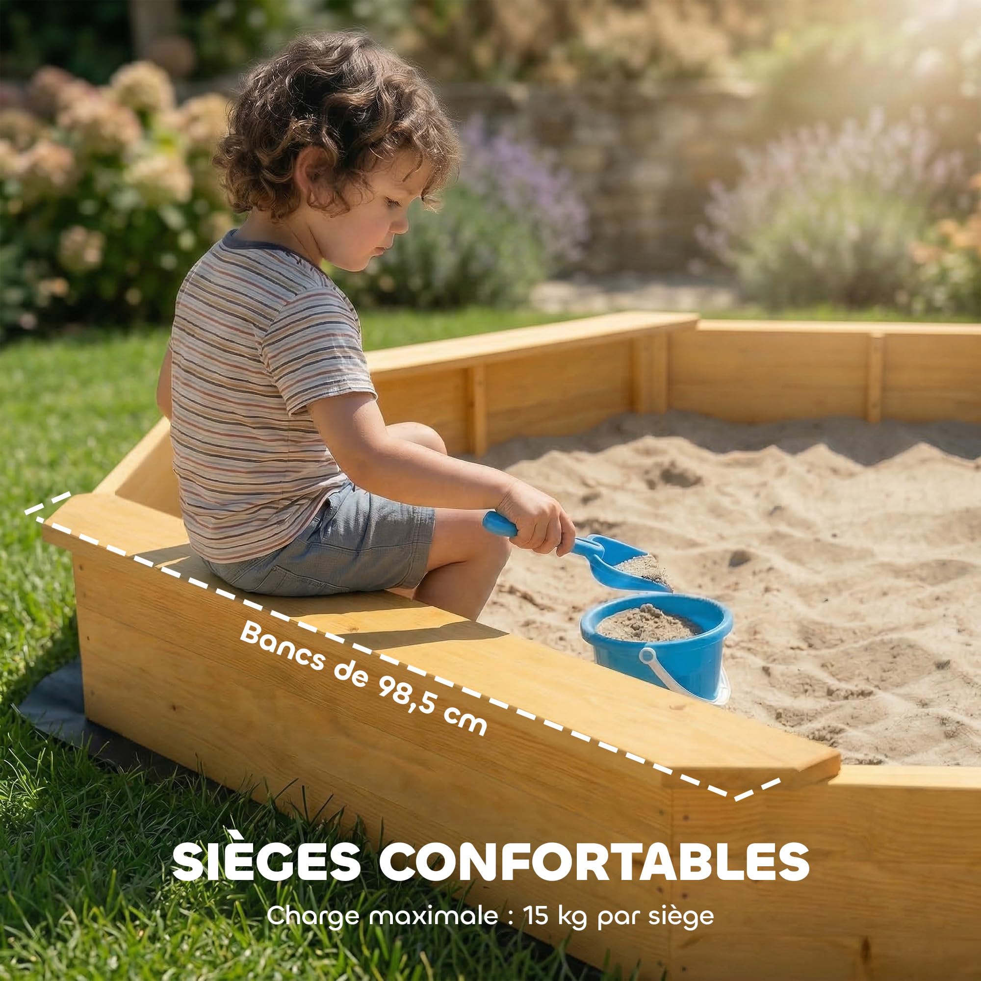 AIYAPLAY Bac à Sable en Bois avec auvent, bac à Sable Enfant extérieur avec 4 bancs, Doublure de Fond, Aire de Jeu extérieure pour 8 Enfants de 3 à 6 Ans, Jaune