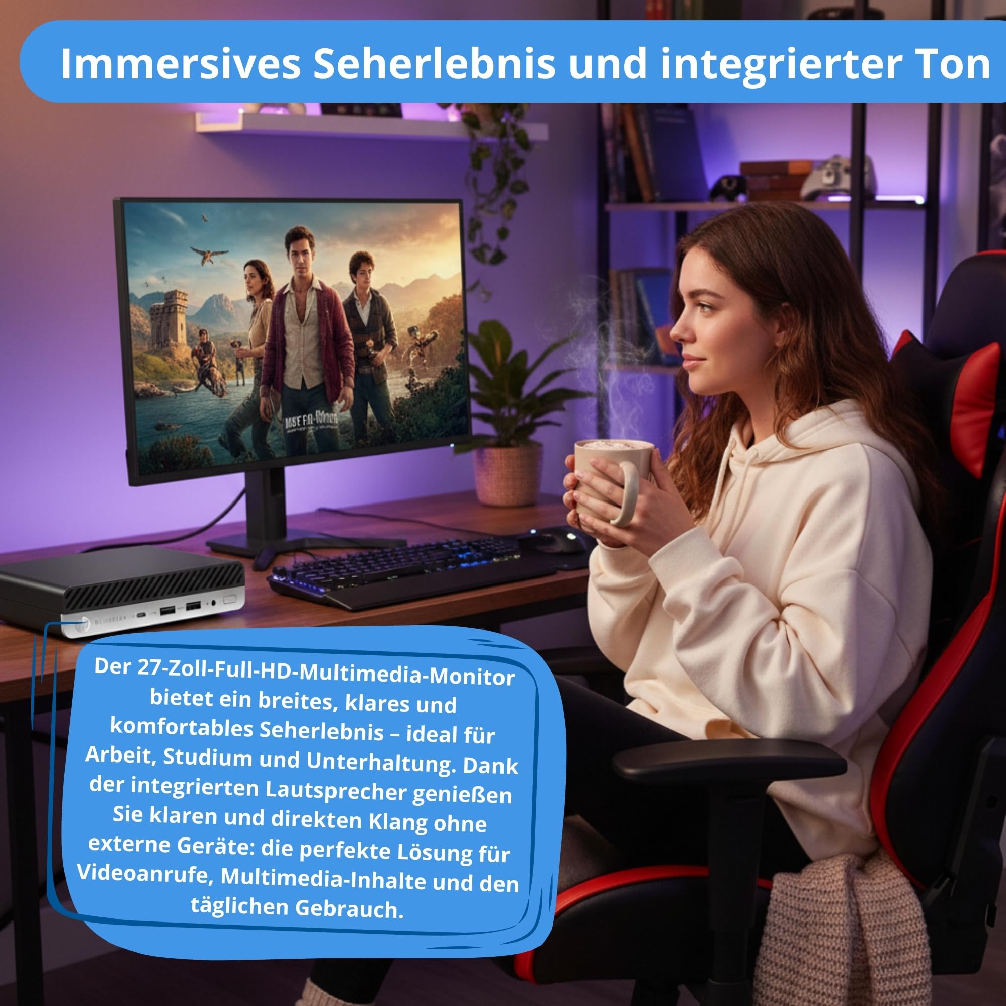 HP Mini-PC für Business und Büro, Intel Core i5-9500T, 16 GB RAM, 512 GB SSD, Windows 11 Pro, Monitor, integrierte Lautsprecher, 36 Monate Garantie