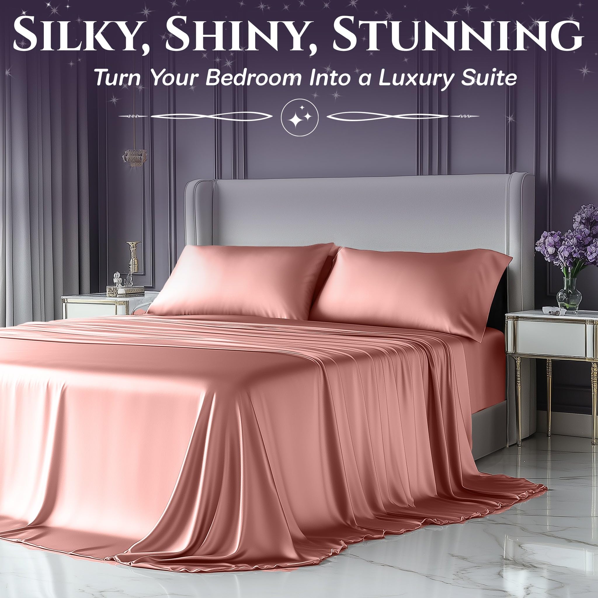 Sleep Sanctuary Satin Sheets Full Set - 4 Piece Luxury Cooling Sheets, 15" Deep Pocket, Rosewood