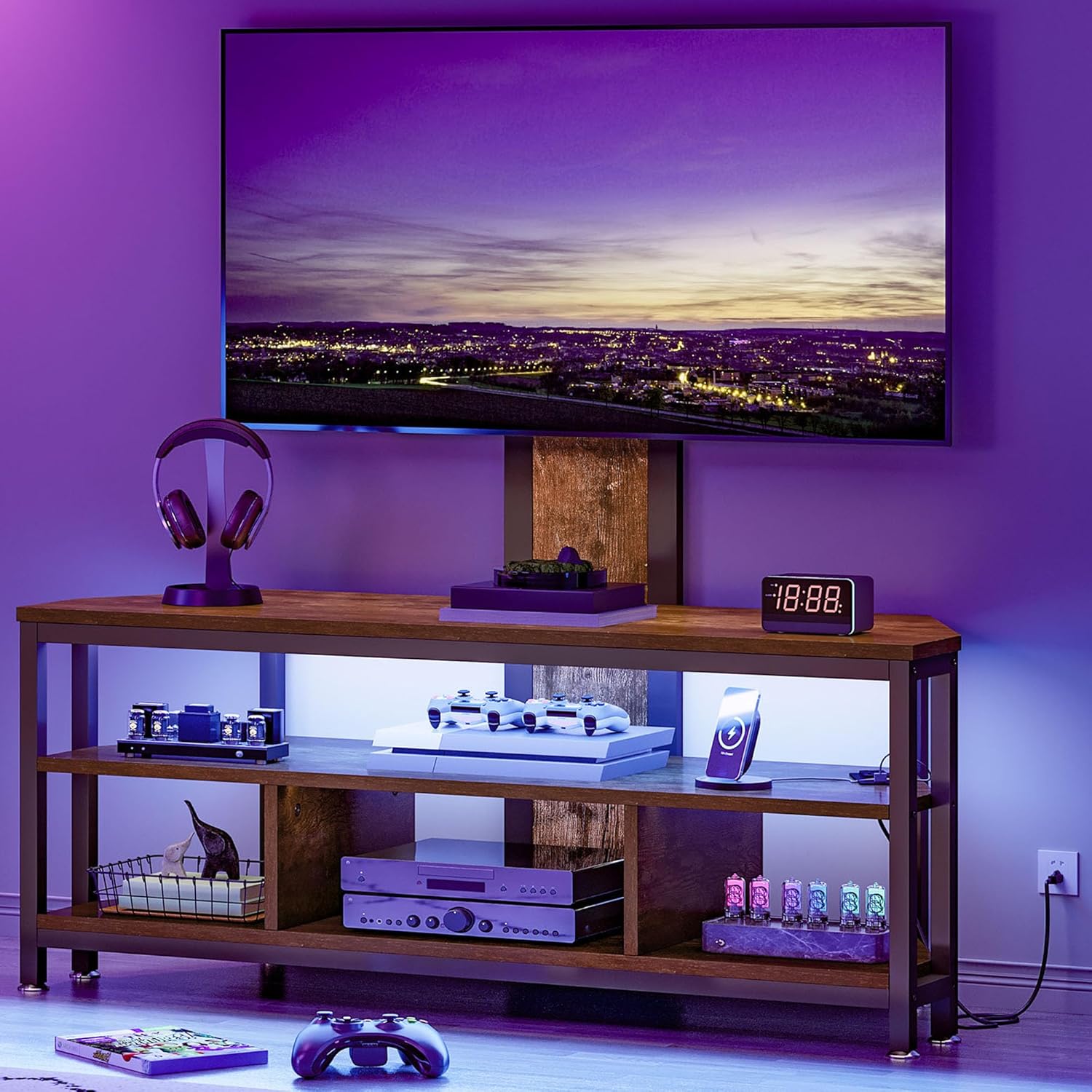 DWVO TV Stand with Mount, Corner TV Stands for Living Room w/Power Outlet, LED Entertainment Center for 70/65/60 inch TV, Height Adjustable TV Console Cabinet, Rustic Brown With Mount Rustic Brown