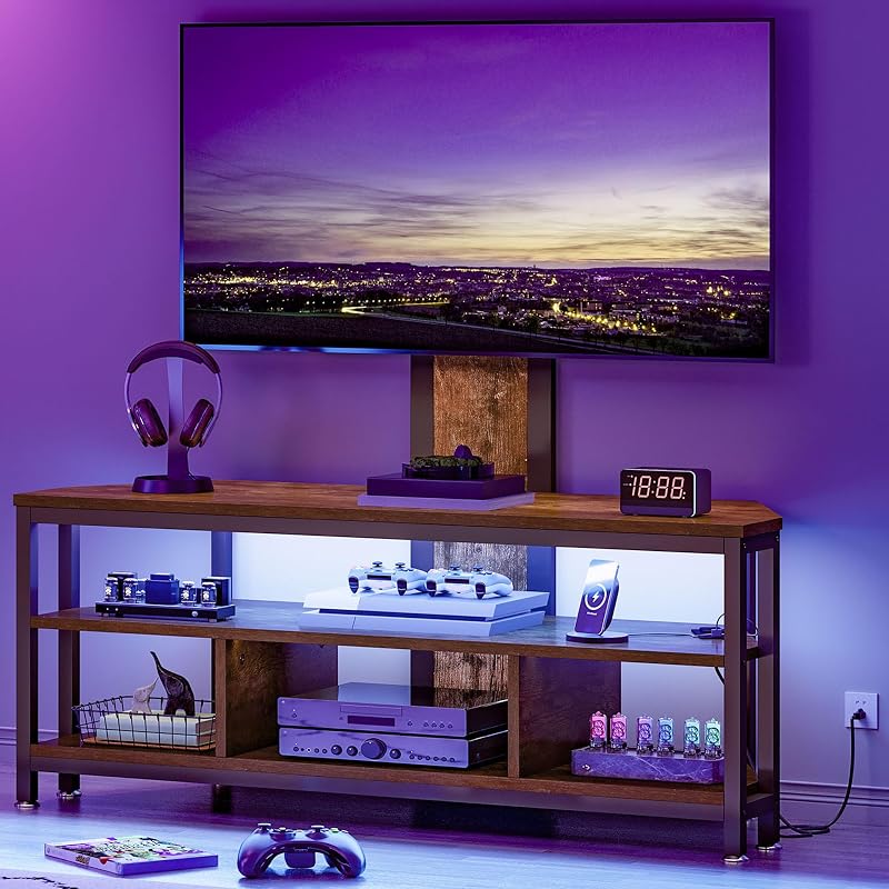 DWVO Corner TV Stand with Mount & LED, Height Adjustable, Rustic Brown