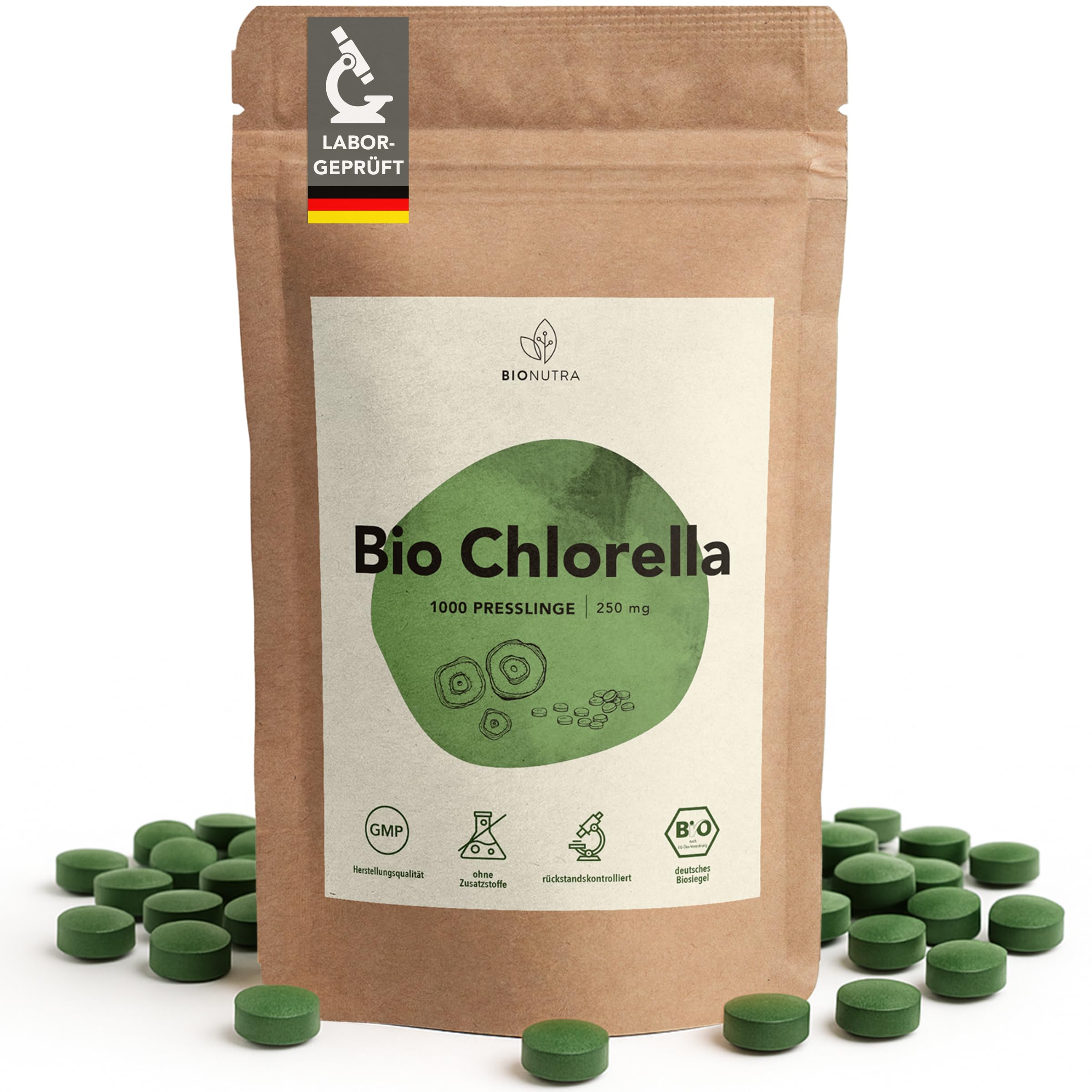 BIONUTRA® Chlorella Bio Comprimés 1000 x 250 mg, contrôlés pour les résidus, produits selon le règlement bio UE, vegan, sans lactose & sans gluten, sans additifs, comprimés chlorella bio