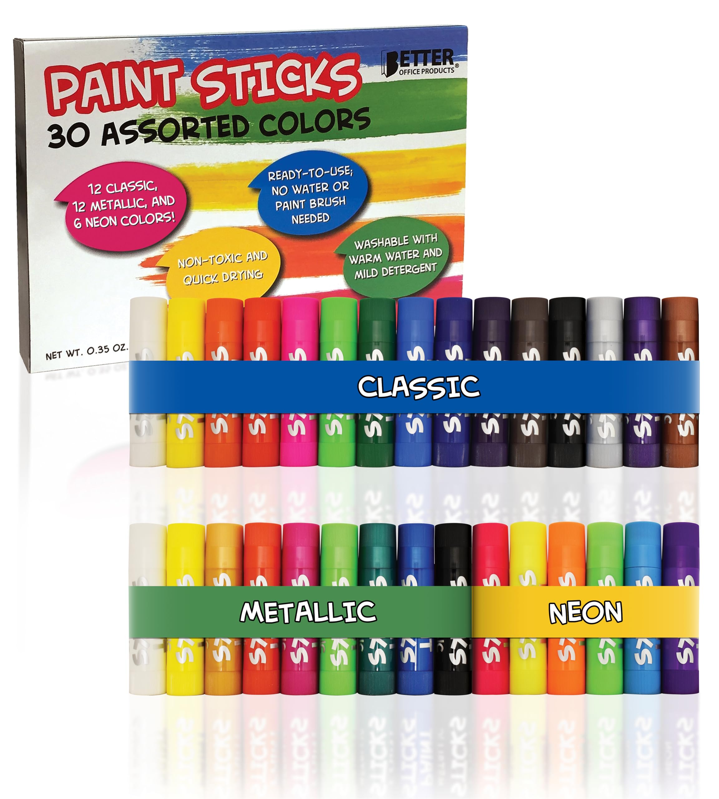 Better Office Products Solid Tempera Paint Sticks, 30 Pack, Fast Drying, No Brush or Water Needed, Washable, 30 Assorted Colors, 12 Classic/12 Metallic/6 Neon, Non-Toxic, Box of 30 Colors